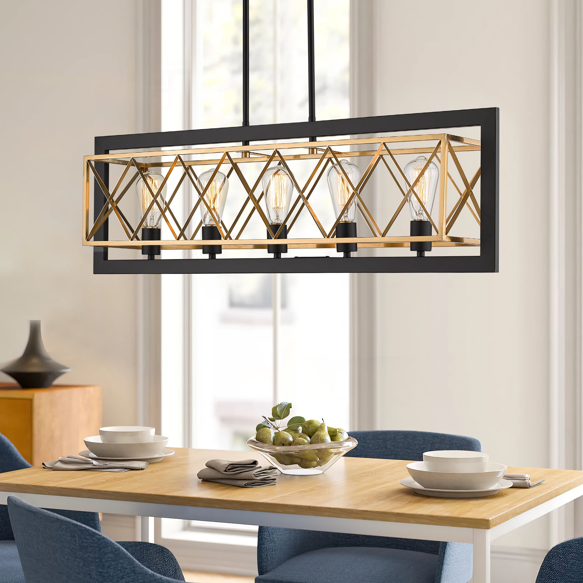 Matte Black & Gold Metal - 5-Light Kitchen Island Lighting Modern Linear Rectangle Pendant Light Fixture for Dining Room Kitchen - USAG00097