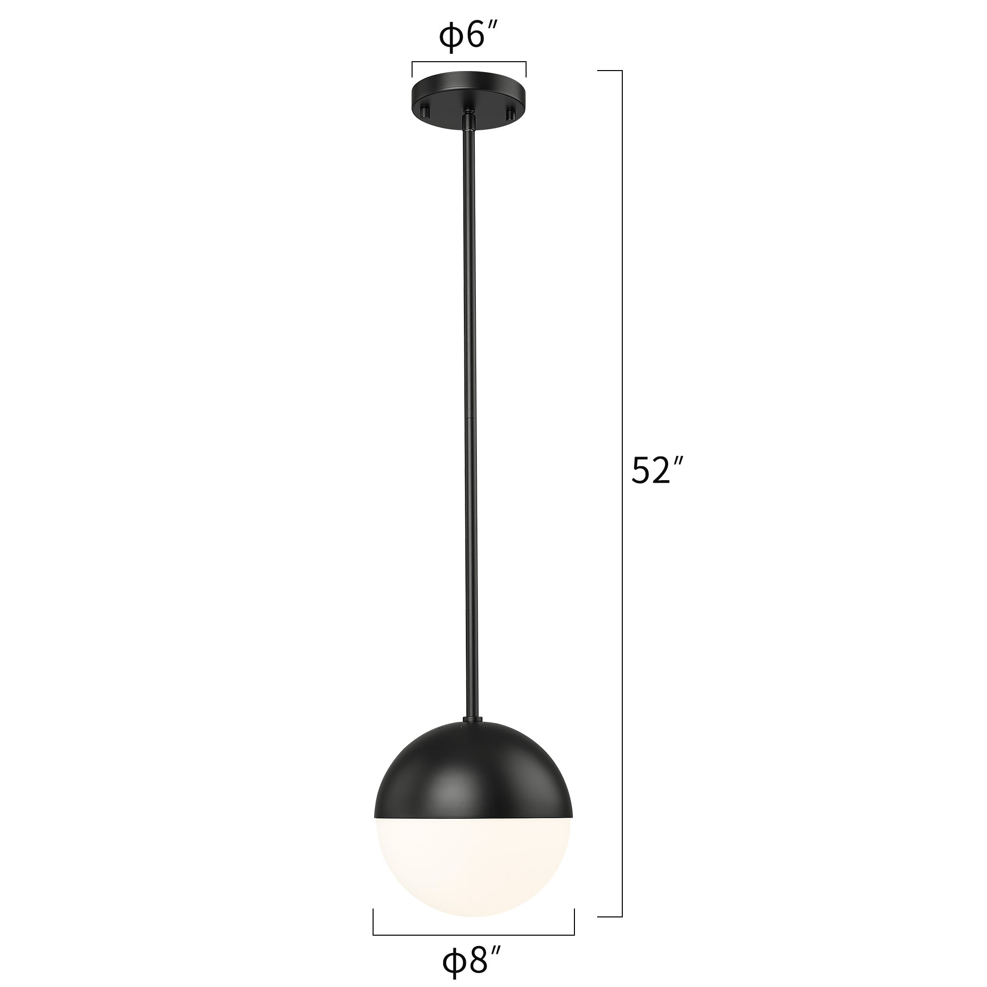 Matte Black Globe Glass & Metal - 8 inch 1-Light Modern Mid Century Pendant Hanging Light - USAG00098