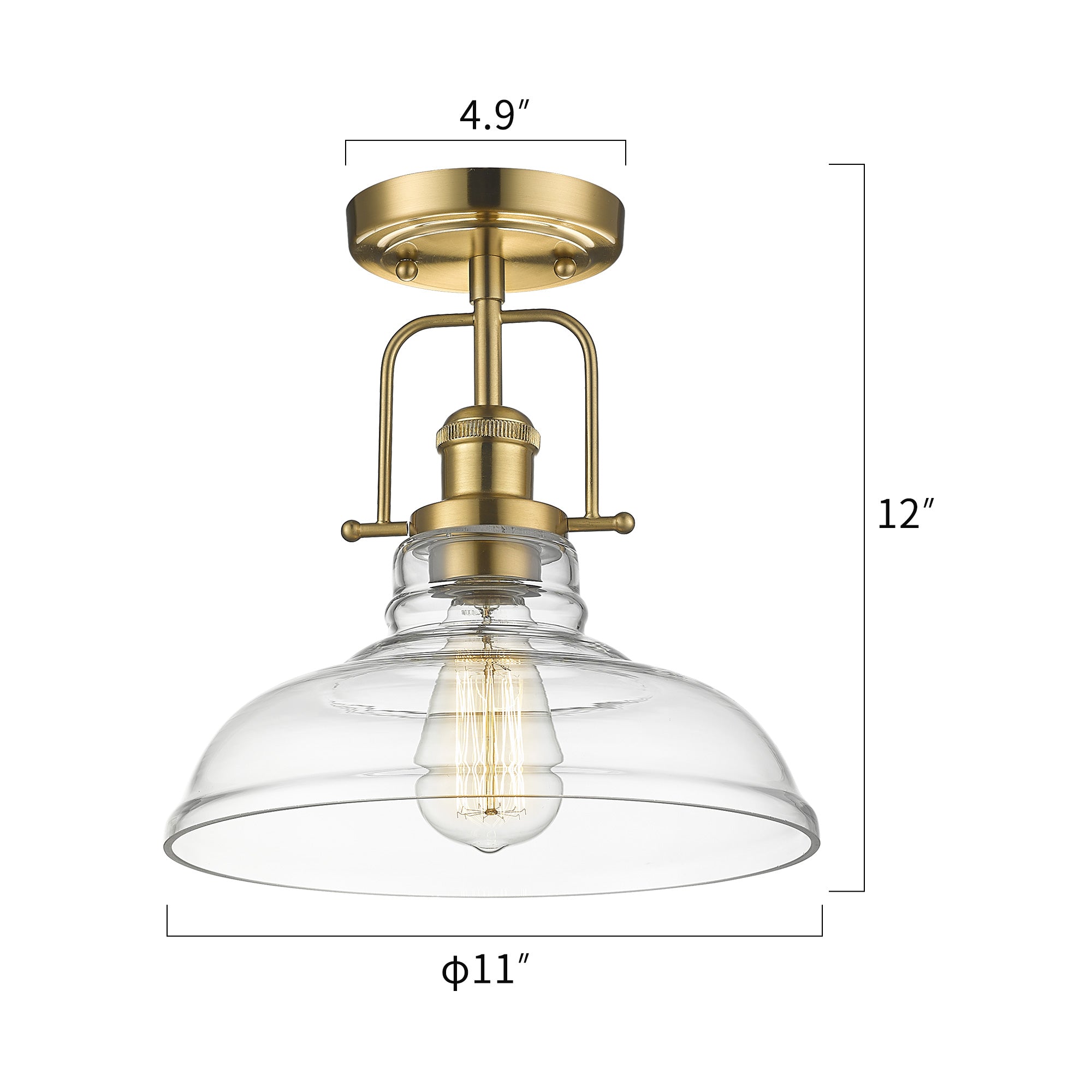 Brushed Gold Semi Flush Mount Clear Glass Lampshade - 11 inch Ceiling Light - USAG00099