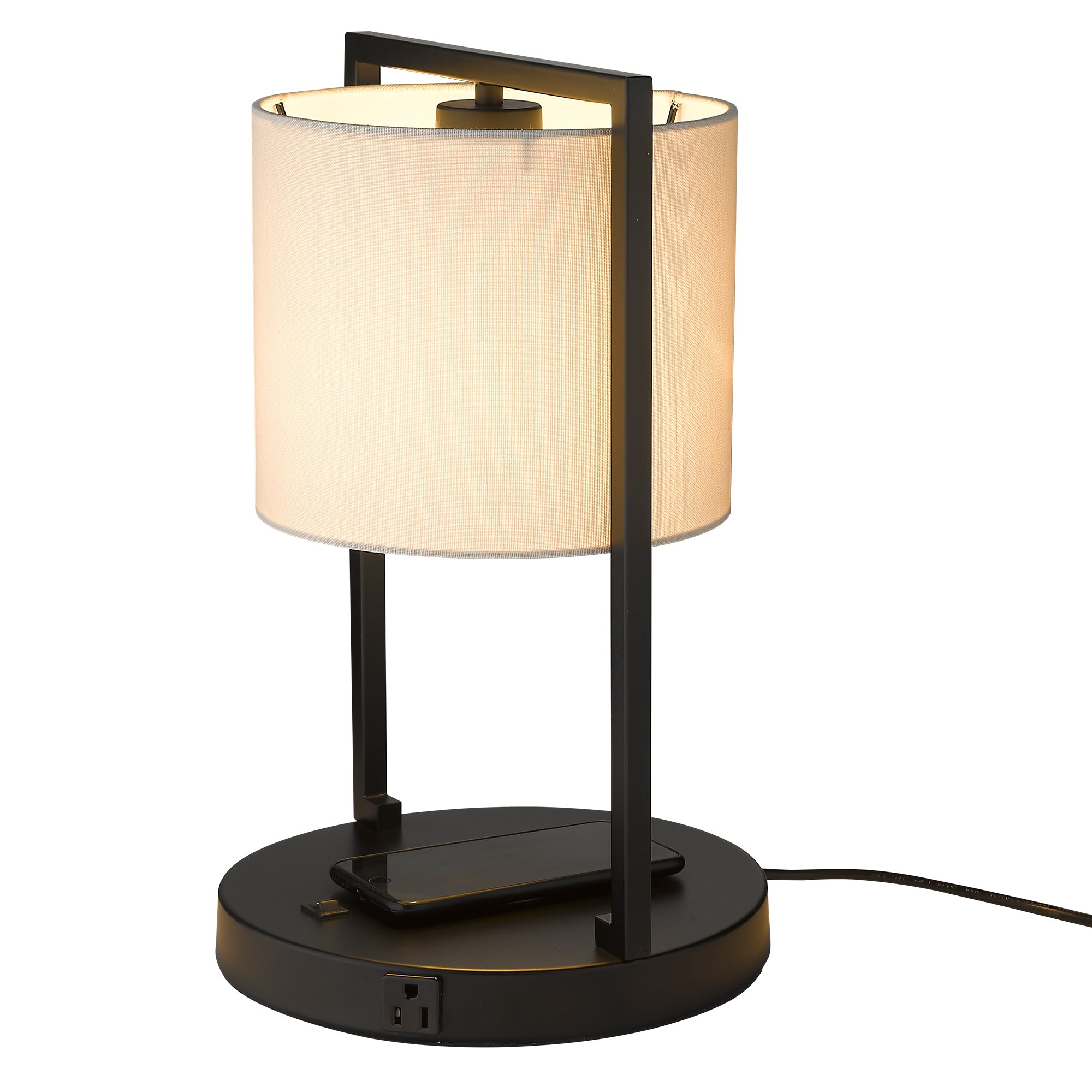 Matte Black Metal - Modern Bedside Lamp Wireless Charger Table Desk Lamp with USB Port and Power Outlet, 17" Tall Black Nightstand Lamps With White Linen Shade - USAG00100