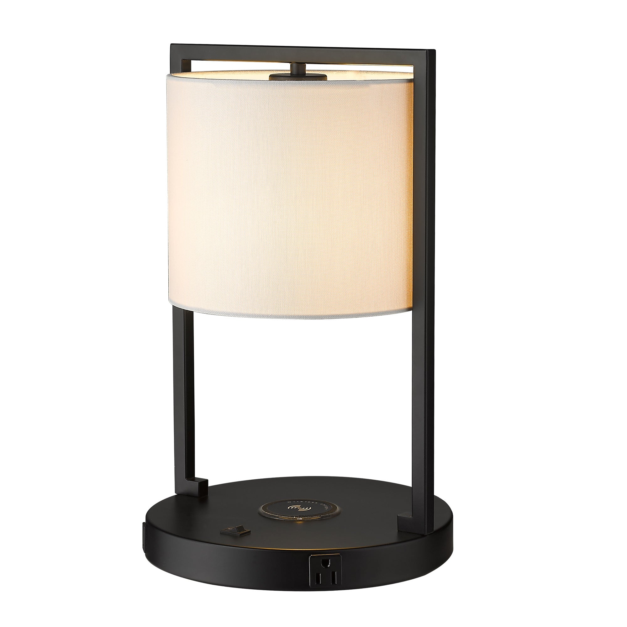 Matte Black Metal - Modern Bedside Lamp Wireless Charger Table Desk Lamp with USB Port and Power Outlet, 17" Tall Black Nightstand Lamps With White Linen Shade - USAG00100