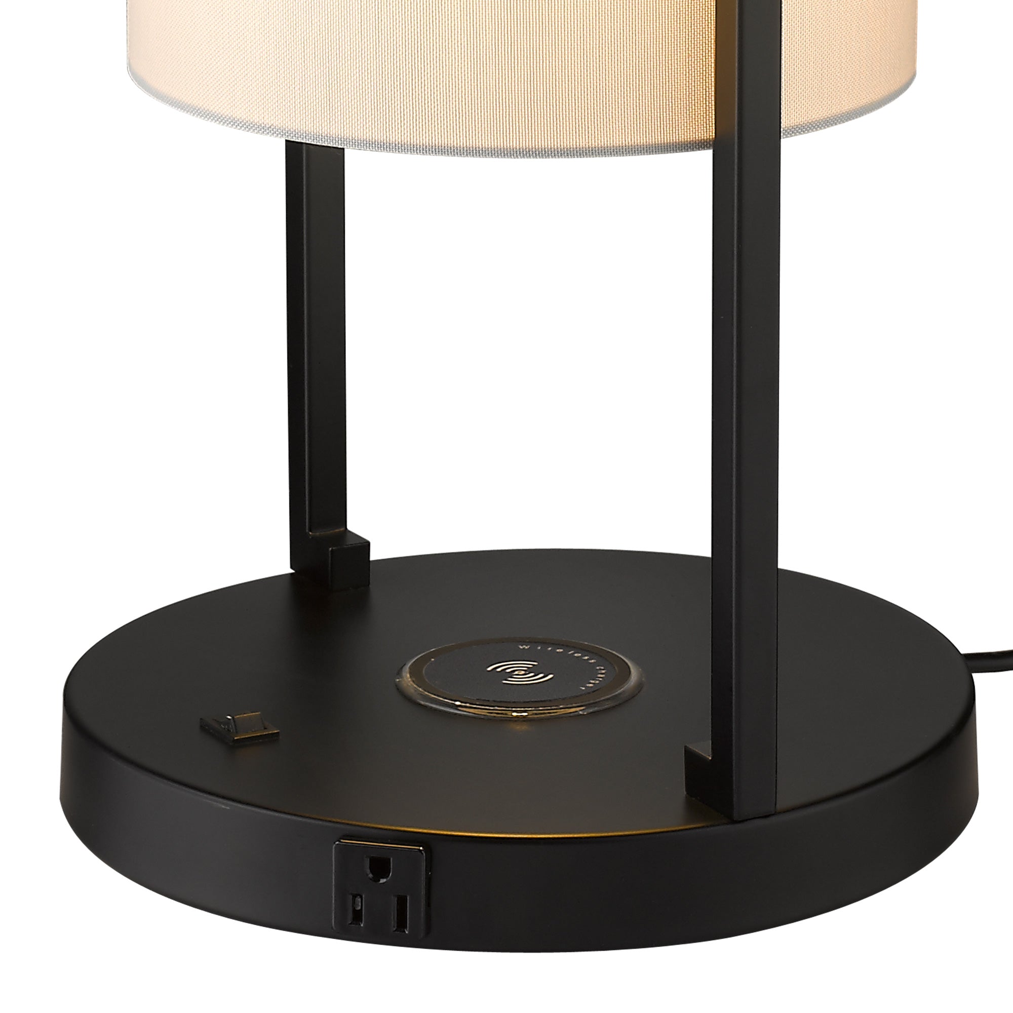 Matte Black Metal - Modern Bedside Lamp Wireless Charger Table Desk Lamp with USB Port and Power Outlet, 17" Tall Black Nightstand Lamps With White Linen Shade - USAG00100