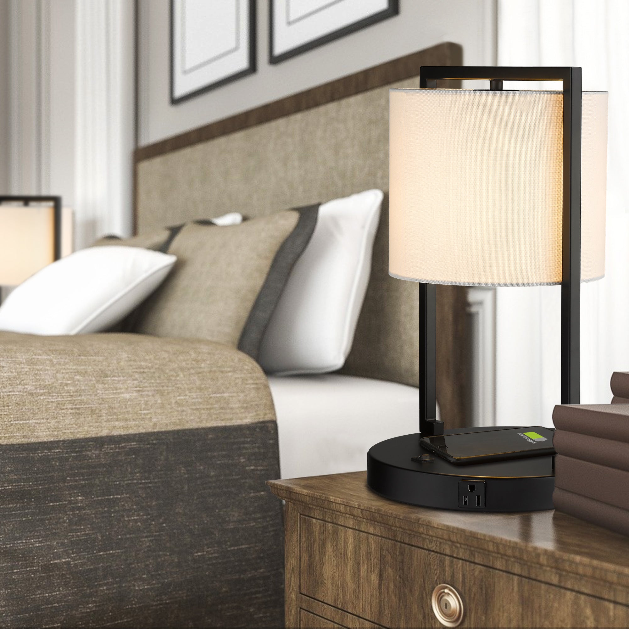 Matte Black Metal - Modern Bedside Lamp Wireless Charger Table Desk Lamp with USB Port and Power Outlet, 17" Tall Black Nightstand Lamps With White Linen Shade - USAG00100