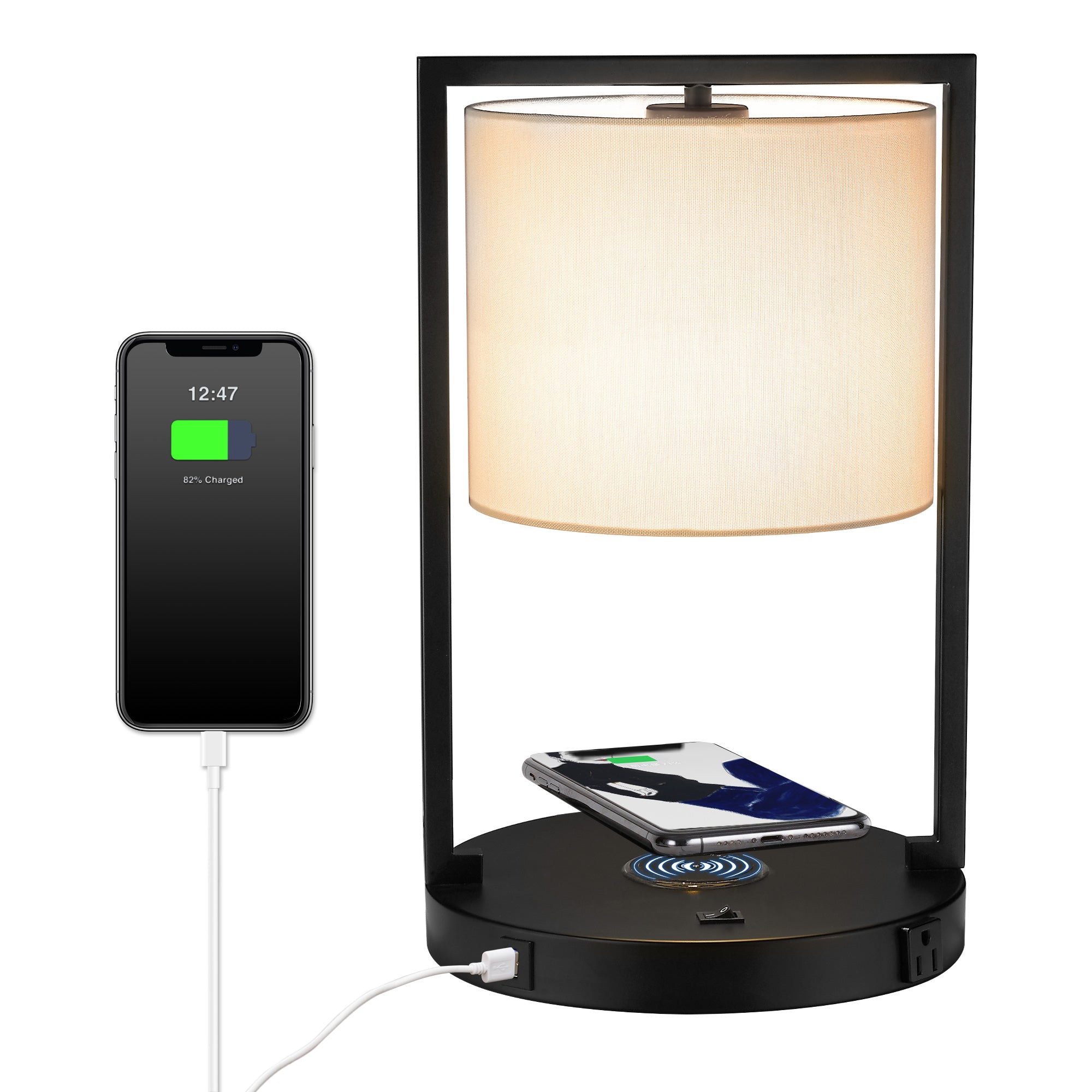 Matte Black Metal - Modern Bedside Lamp Wireless Charger Table Desk Lamp with USB Port and Power Outlet, 17" Tall Black Nightstand Lamps With White Linen Shade - USAG00100