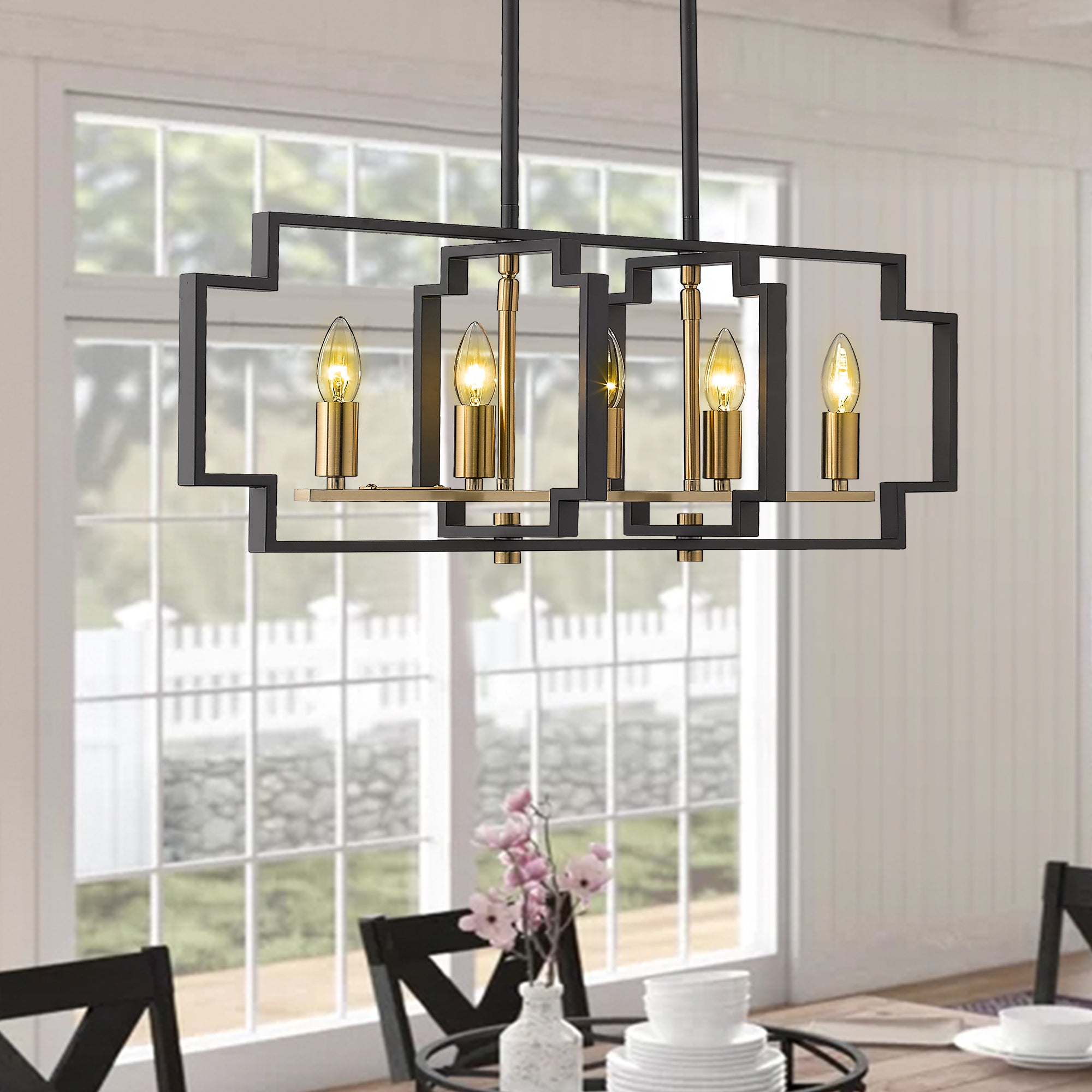 Matte Black & Gold Metal - 5-Light Island Lighting Modern Kitchen Dining Room Light Fixtures - USAG00103