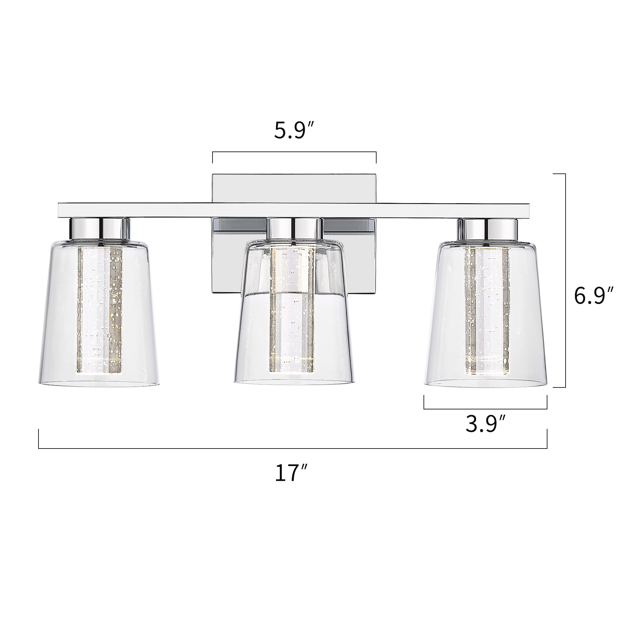 Modern Chrome with Crystal Bubble and Clear Glass - 17 inch 3-Light LED Vanity Lights 3000K/4000K/5000K Adjustable - USAG00105