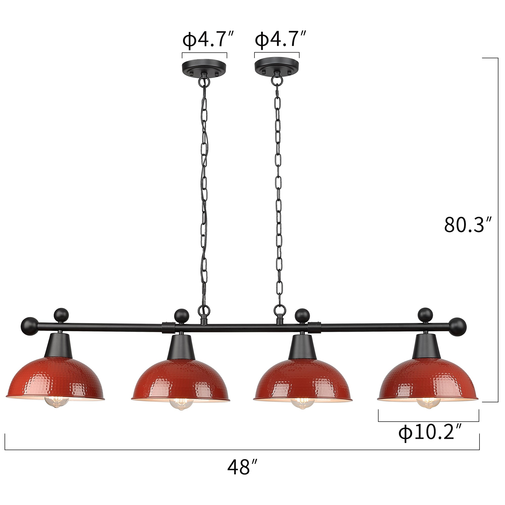 Red & Black Finish with Hammered Metal Shade - 48" 4-Light Modern Billiard Llight - USAG00106