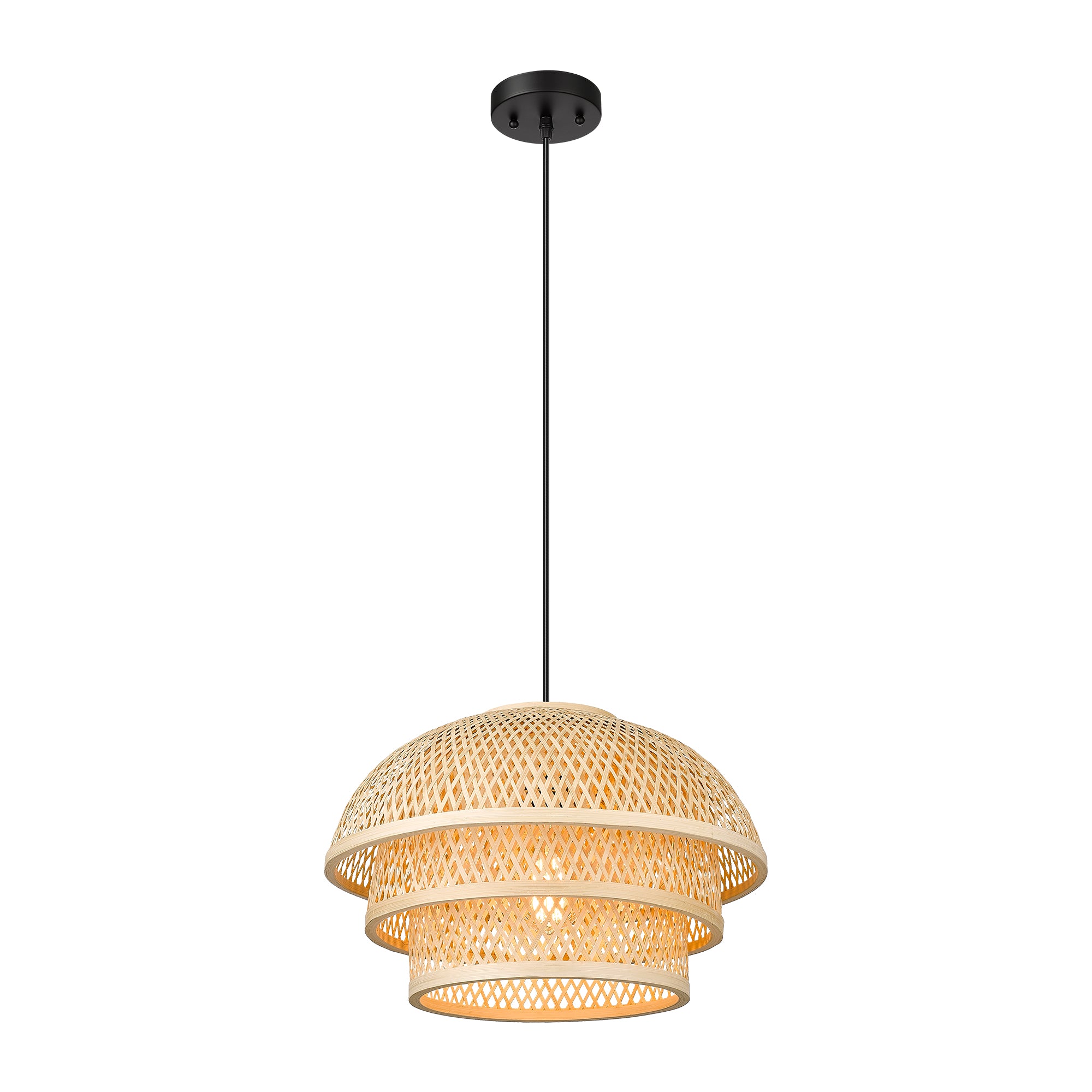 Rattan & Matte Rattan & Metal - 12.6'' 3-Tiered Modern Rattan Bamboo Chandelier - USAG00107