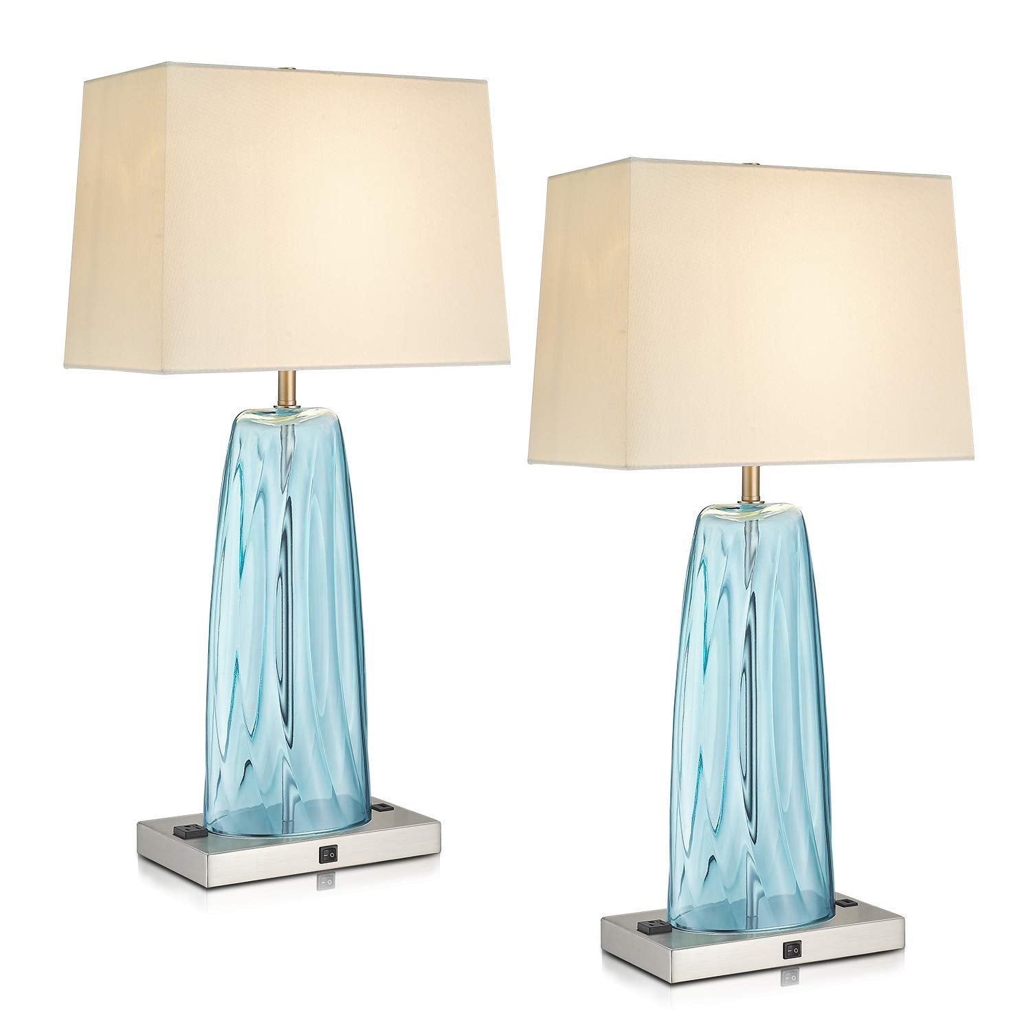 2 Packs Blue Glass with White Fabric Shade - 28 inch Bedside Table Lamp with USB Charging Ports - USAG00111