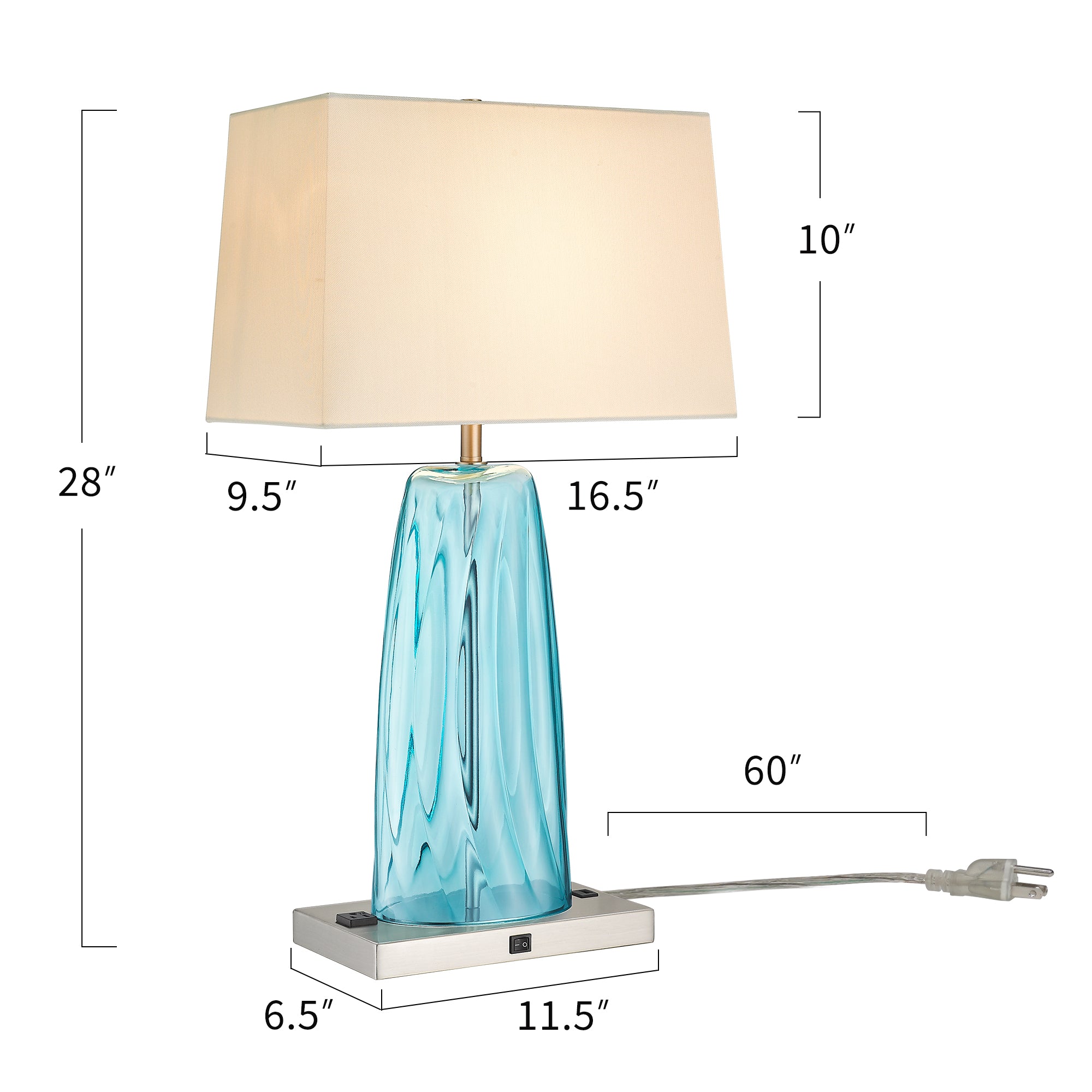 2 Packs Blue Glass with White Fabric Shade - 28 inch Bedside Table Lamp with USB Charging Ports - USAG00111