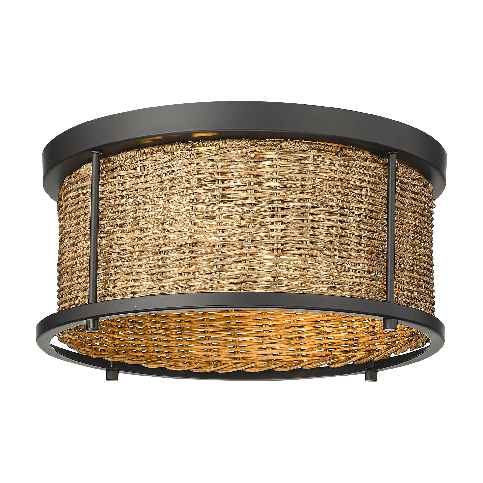 Boho Style Rustic Bamboo Wicker Rattan Flush Mount - 12 inch Ceiling Light Fixture - USAG00112