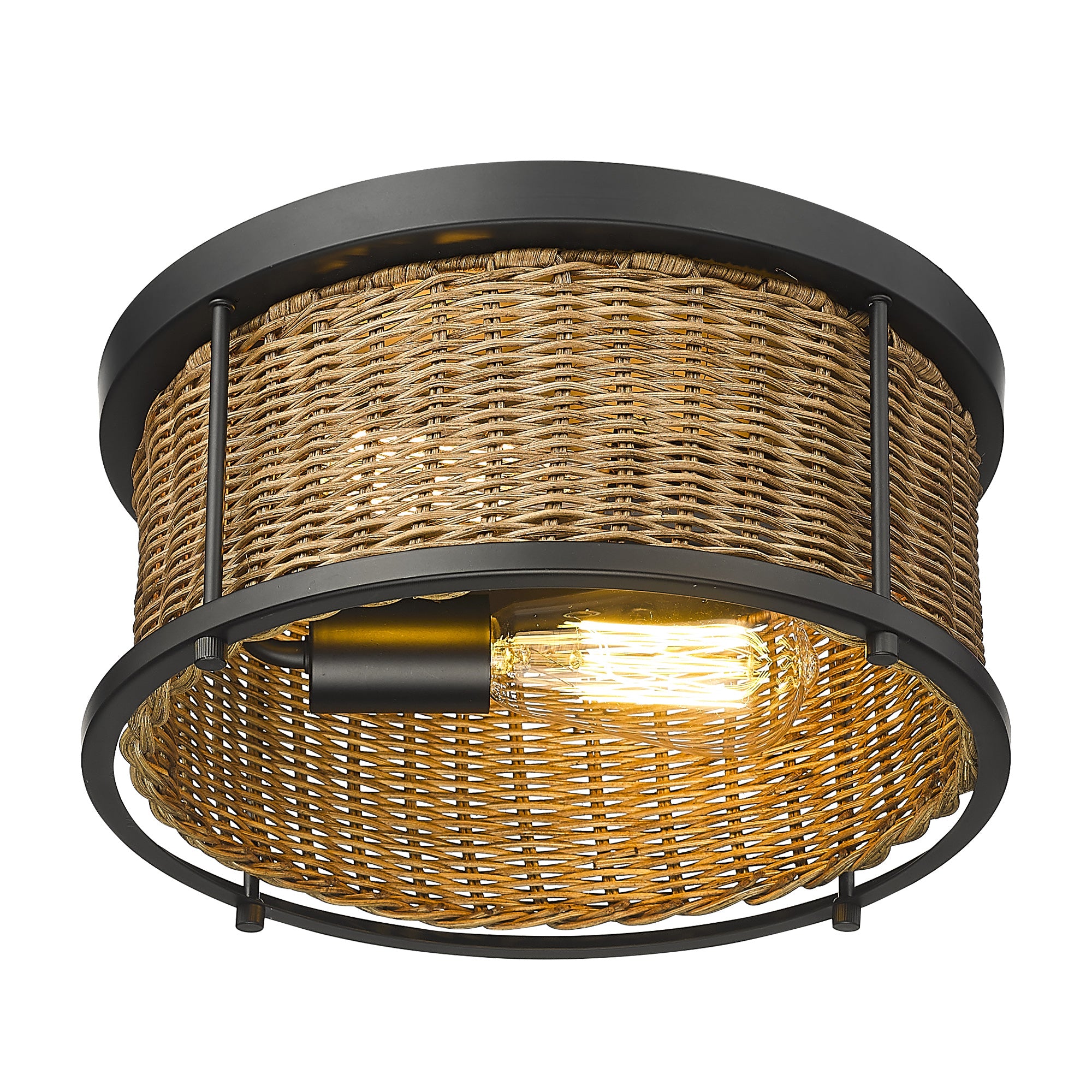 Boho Style Rustic Bamboo Wicker Rattan Flush Mount - 12 inch Ceiling Light Fixture - USAG00112