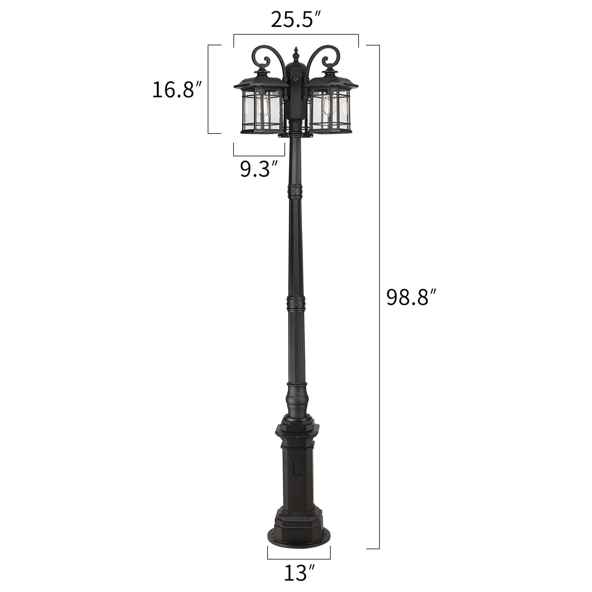 Matte Black Metal - 98 Inch 3-Light Street Pole Light Fixture with GFCI Outlet Outside Post Lantern for Driveway Walkway - USAG00114