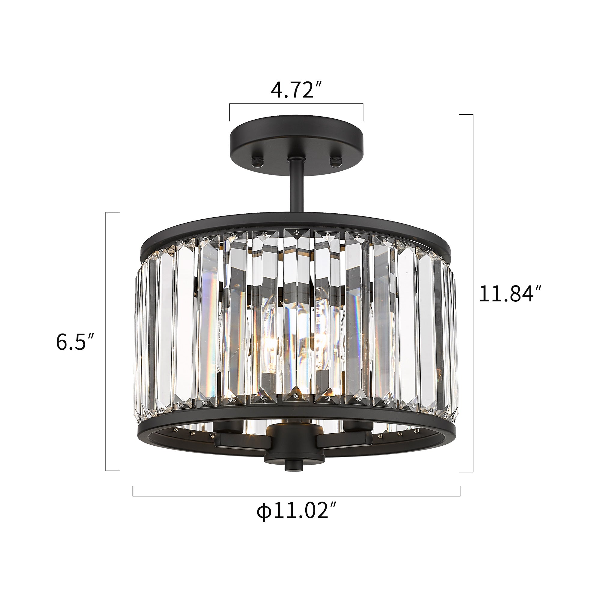 Matte Black Glass & Metal - 11 Inch Crystal Light Fixture  3-Light Modern Lamps with Matte Black Finish for Bathroom, Dinning Room Hallway Bedroom Semi Flush Mount Ceiling Light Fixture - USAG00118