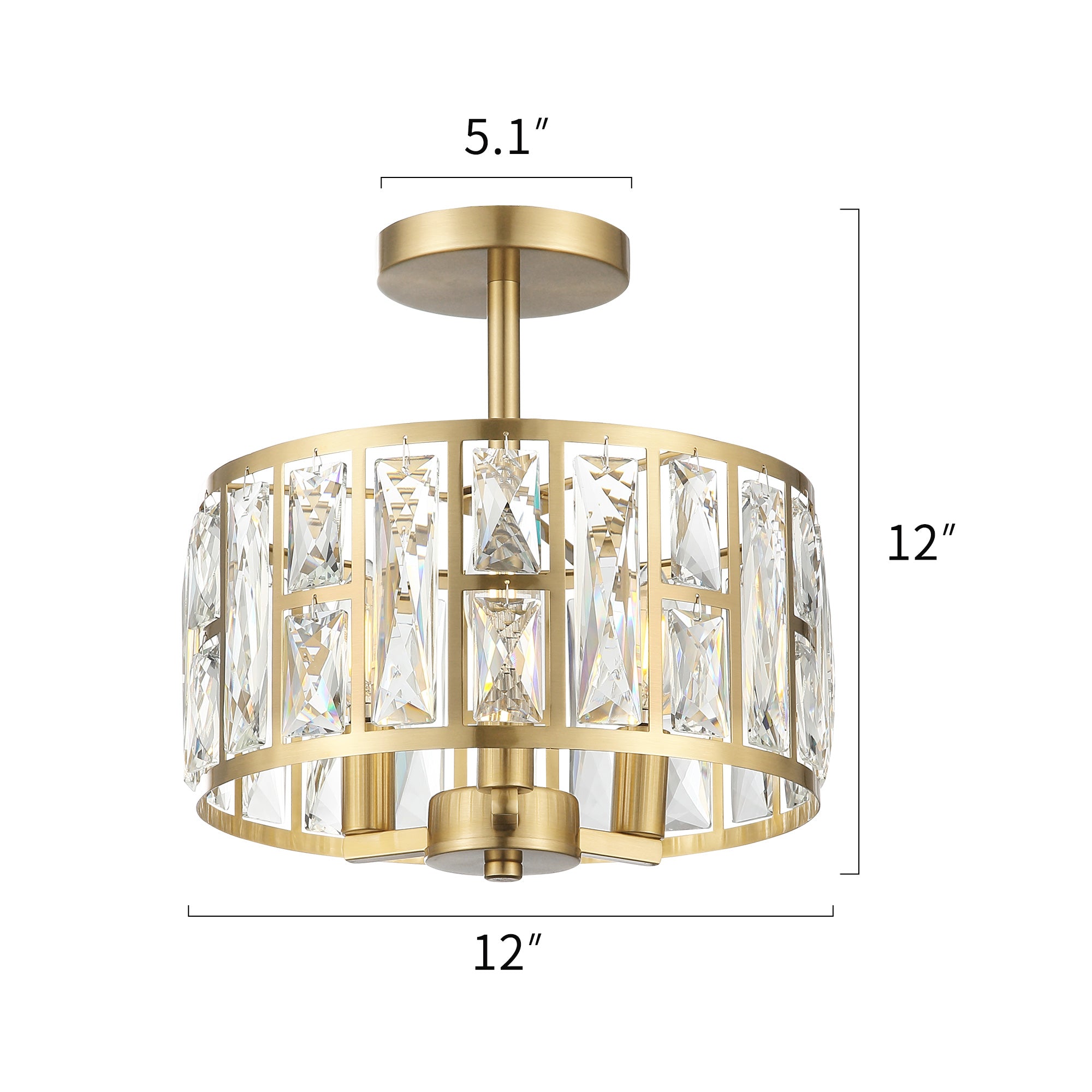 Modern Crystal Brushed Gold Semi Flush Mount - 12 inch Ceiling Light Fixtures - USAG00126