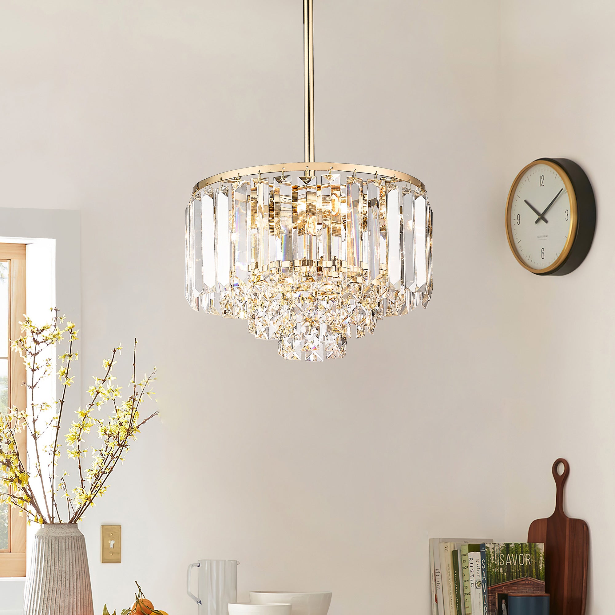 Modern Mini Crystal Chandelier with Champagne Gold Finish - 9 inch Pendant Hanging Light - USAG00127