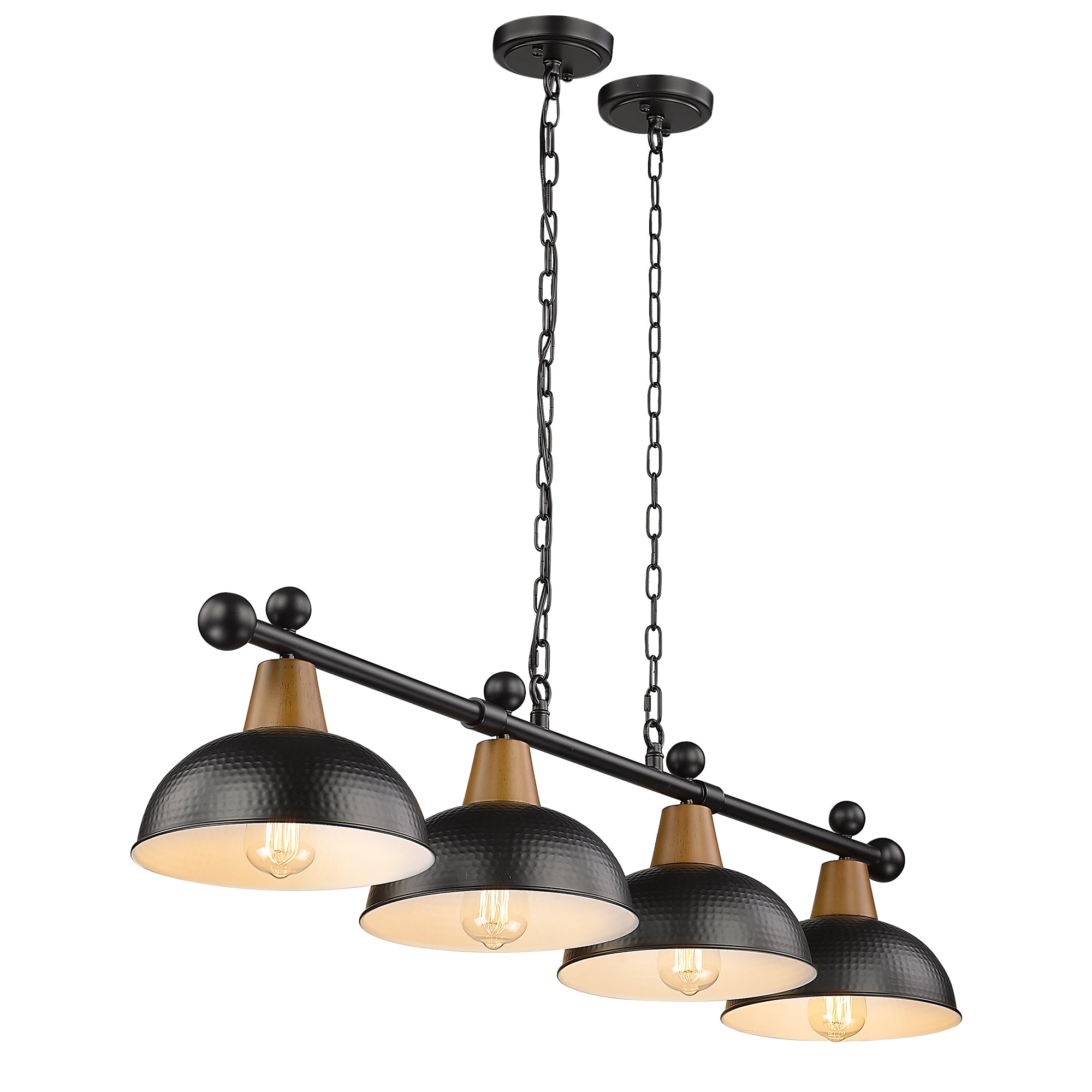 Matte Black & Wood Grain Hammered Metal Shade - 48" 4-Light Modern Billiard Llight - USAG00132