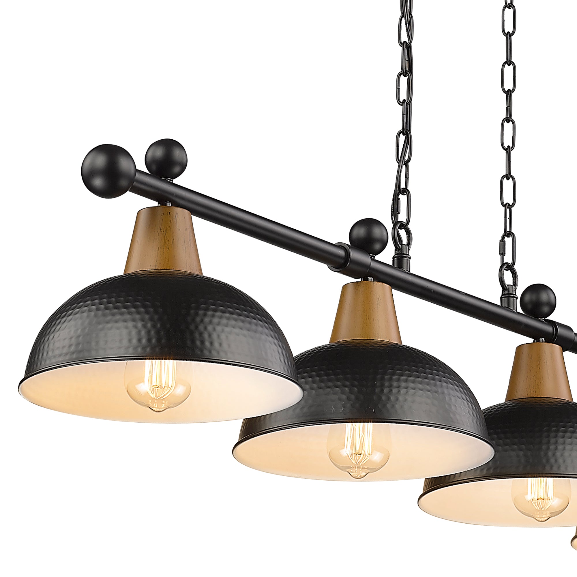 Matte Black & Wood Grain Hammered Metal Shade - 48" 4-Light Modern Billiard Llight - USAG00132