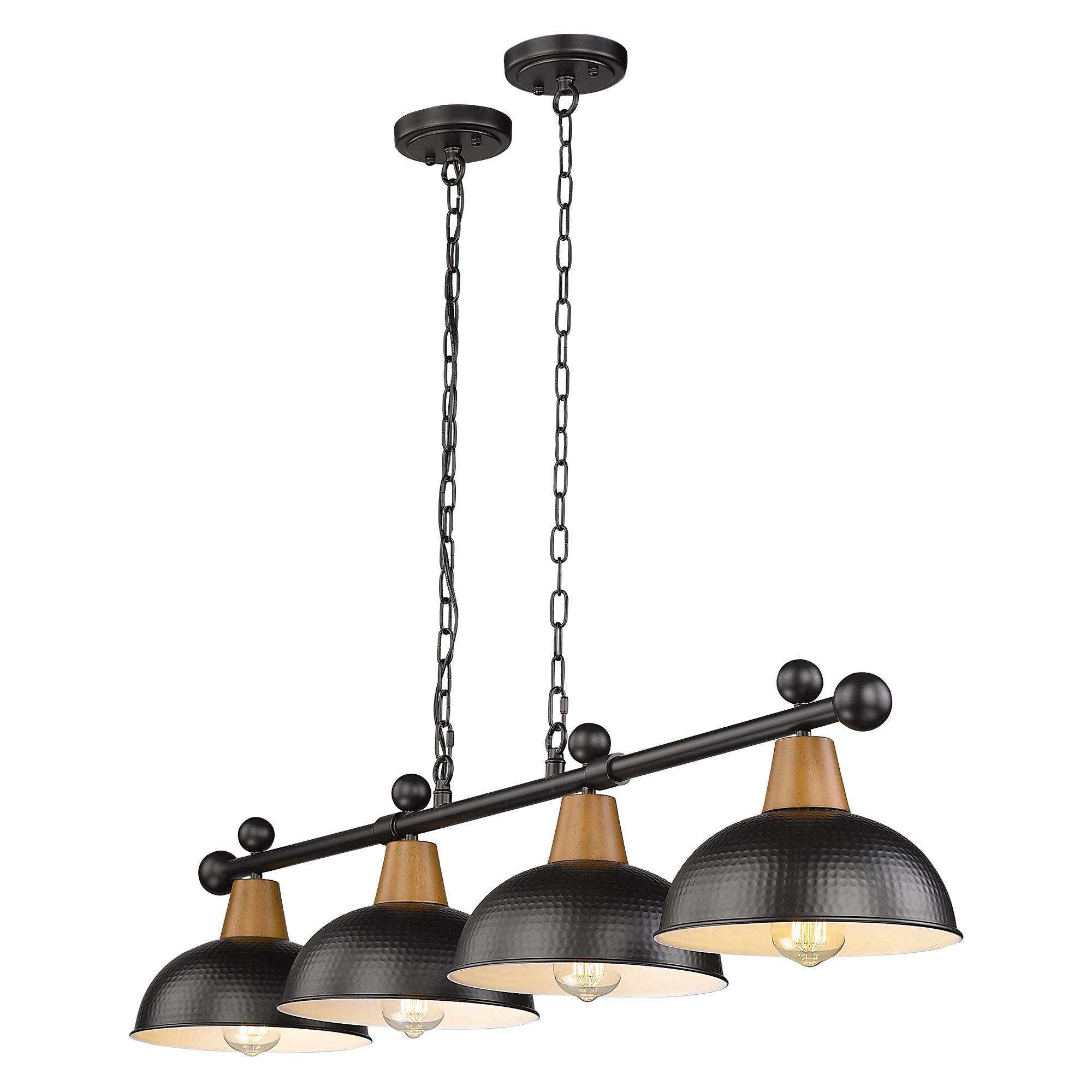 Matte Black & Wood Grain Hammered Metal Shade - 48" 4-Light Modern Billiard Llight - USAG00132