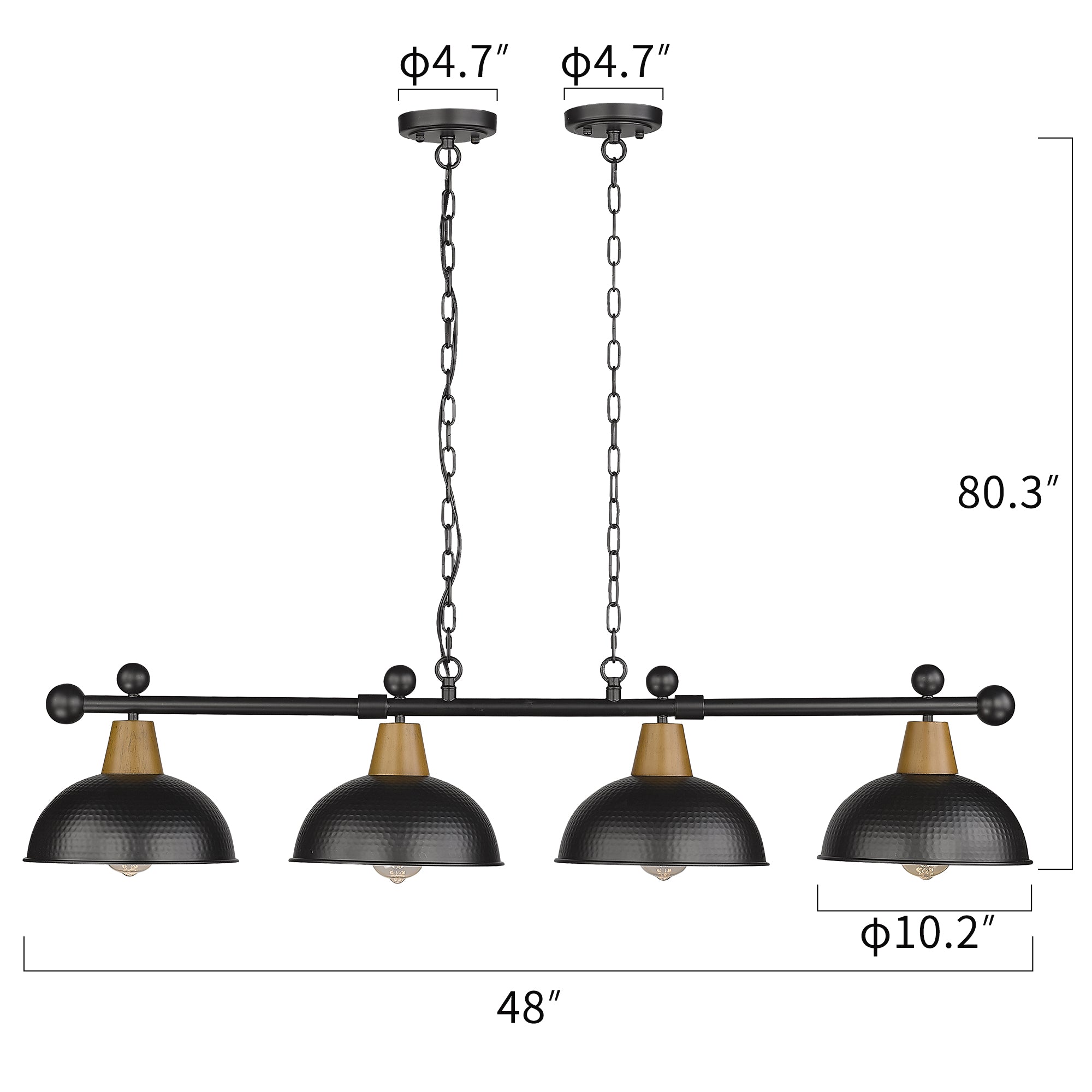 Matte Black & Wood Grain Hammered Metal Shade - 48" 4-Light Modern Billiard Llight - USAG00132