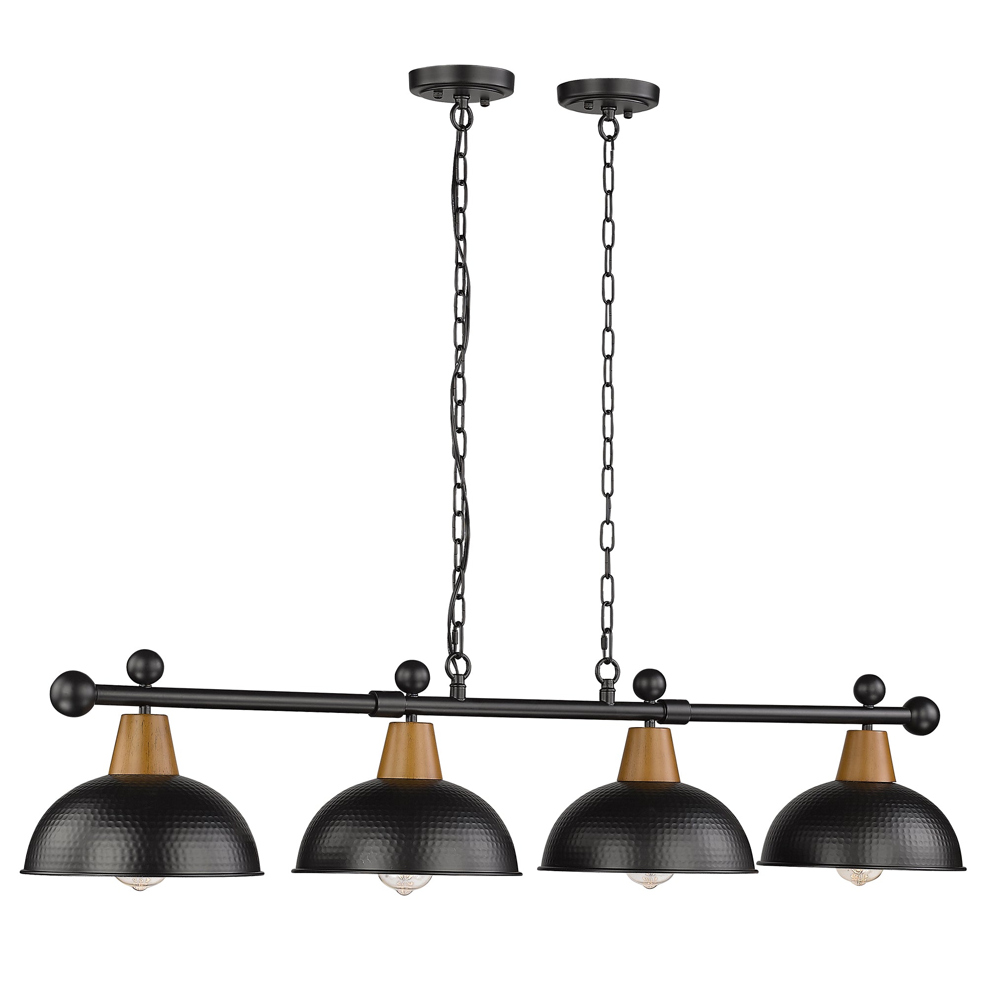 Matte Black & Wood Grain Hammered Metal Shade - 48" 4-Light Modern Billiard Llight - USAG00132