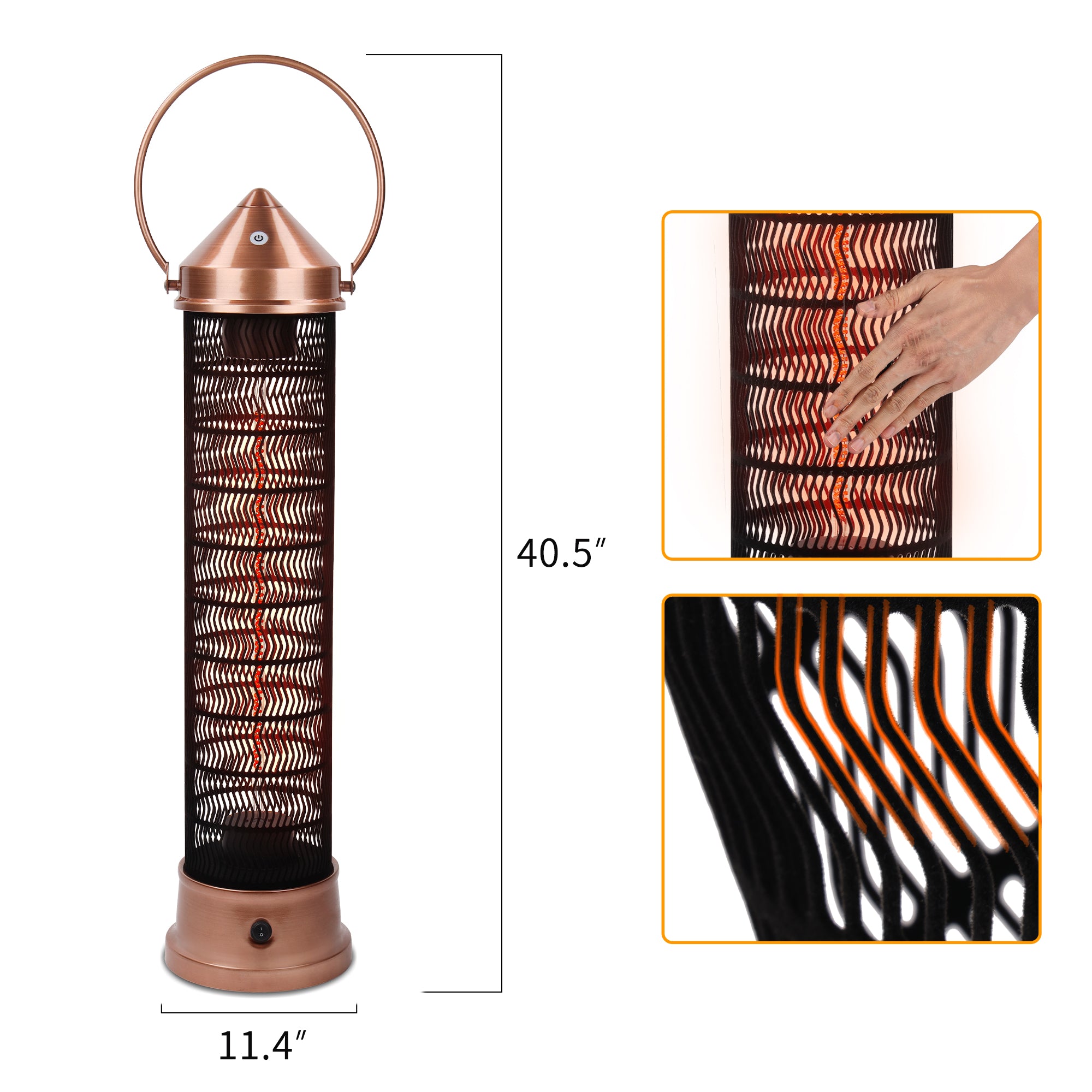 Portable Electric Patio Heater - USAG00155 - 1500W Infrared Heater with Brush Copper Finished, Touch Switch, Tip-Over Protection, IP55 Waterproof