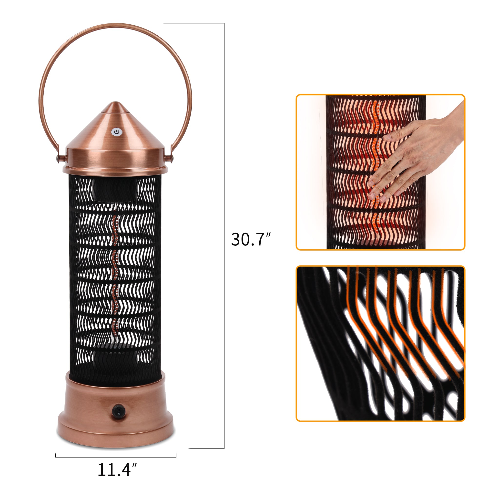 Portable Electric Patio Heater - USAG00156 - 1500W Infrared Heater with Brush Copper Finished, Touch Switch, Tip-Over Protection, IP55 Waterproof