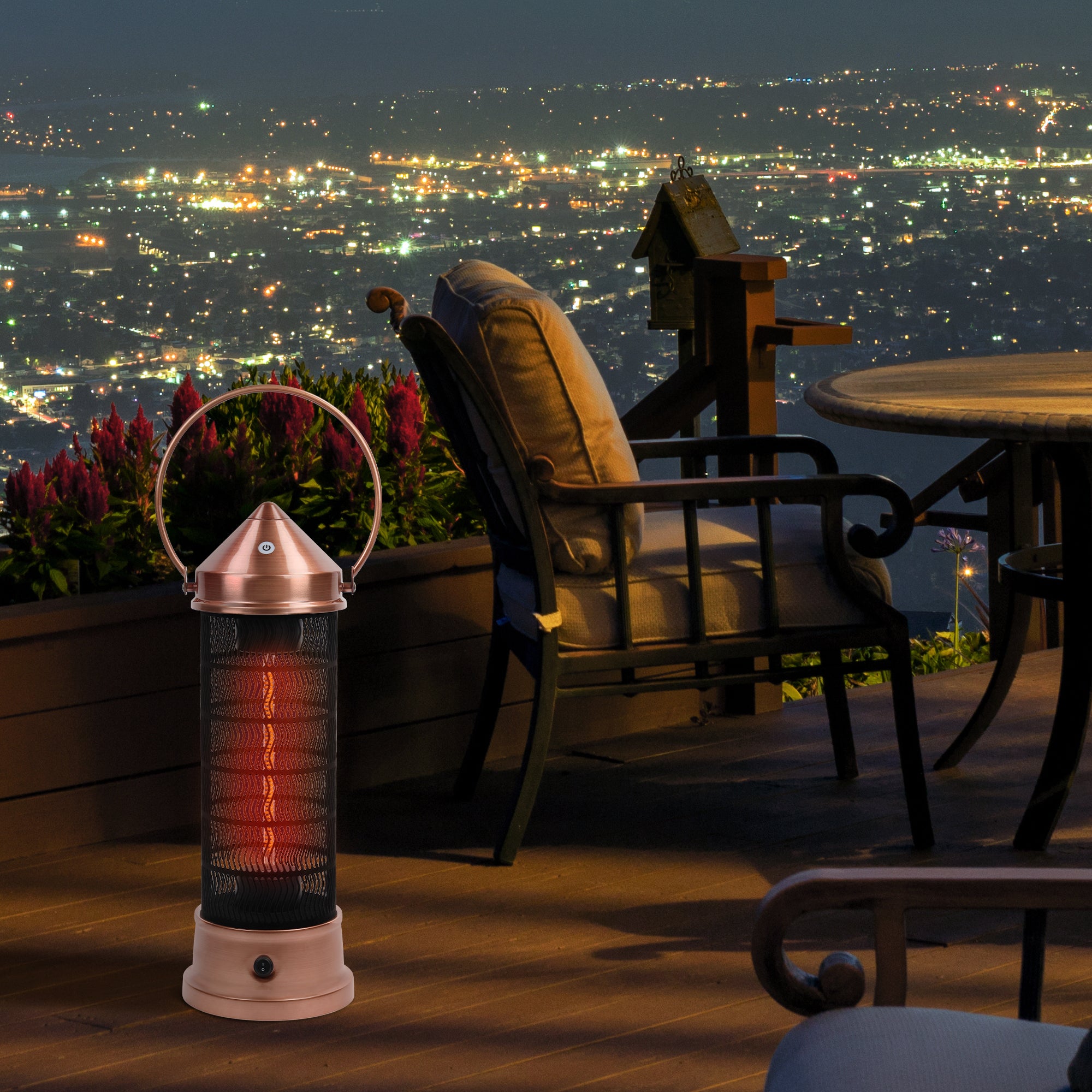 Portable Electric Patio Heater - USAG00156 - 1500W Infrared Heater with Brush Copper Finished, Touch Switch, Tip-Over Protection, IP55 Waterproof