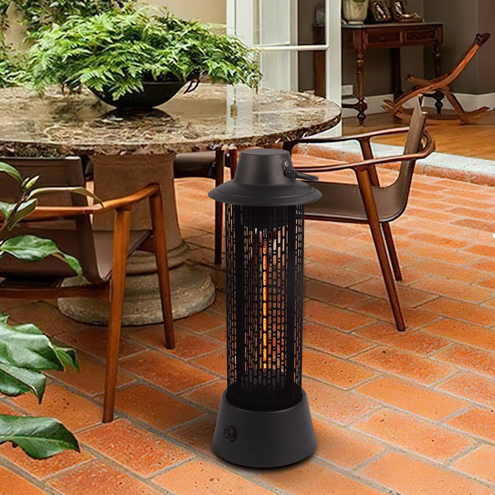 Freestanding Portable Electric Patio Heater - USAG00157 - 1200W Outdoor Infrared Heater with Lantern Shape Design, IP55 Waterproof, Silent Heating Under Table