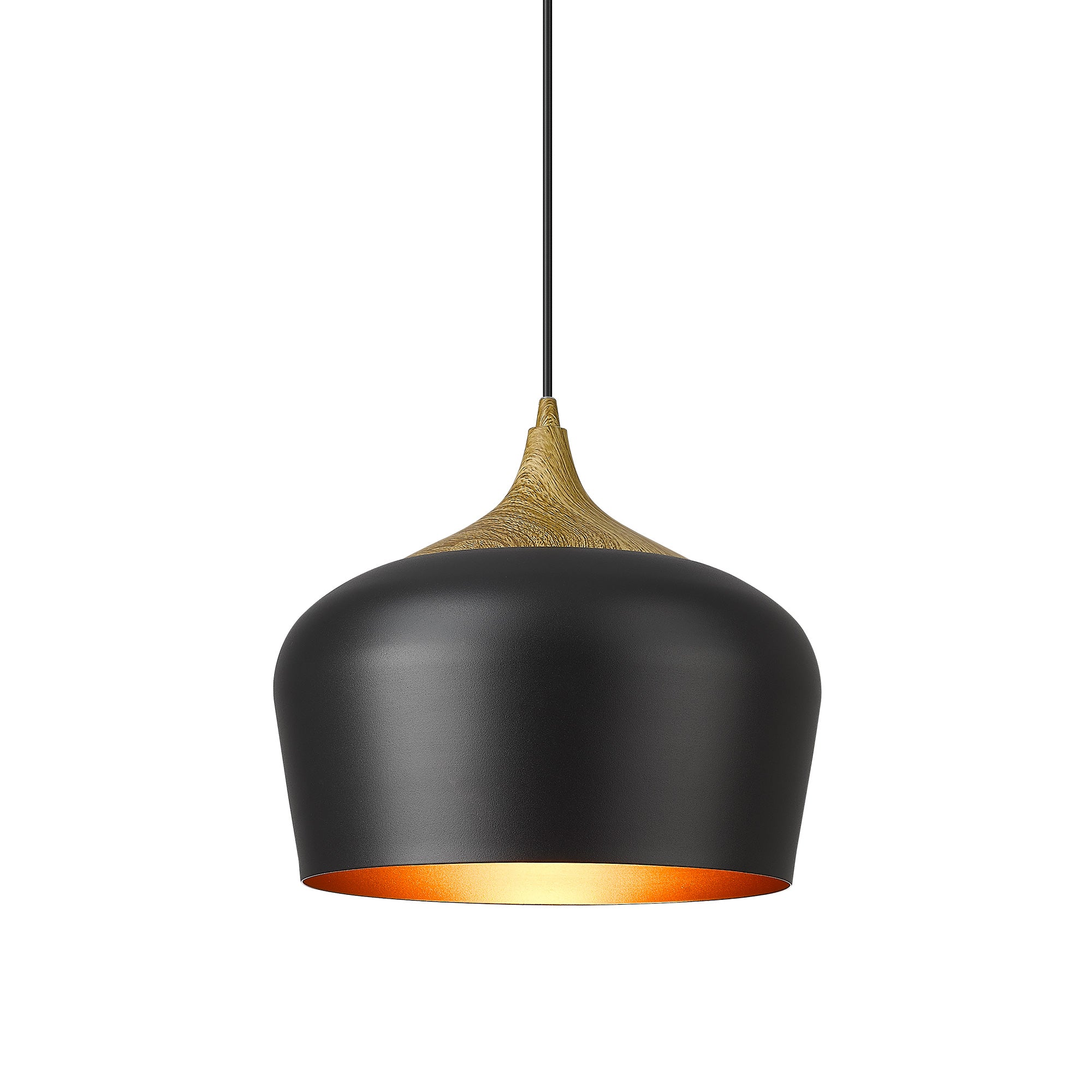 Matte Black Metal - 11.4'' Black and Wooden Grain Pendant Lights - USAG00194