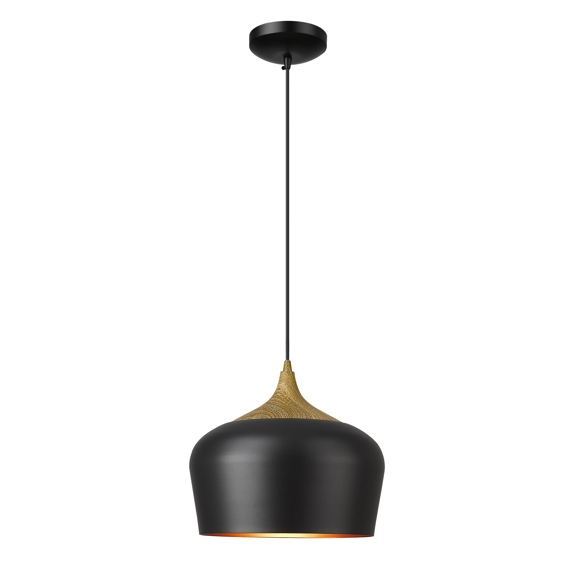 Matte Black Metal - 11.4'' Black and Wooden Grain Pendant Lights - USAG00194