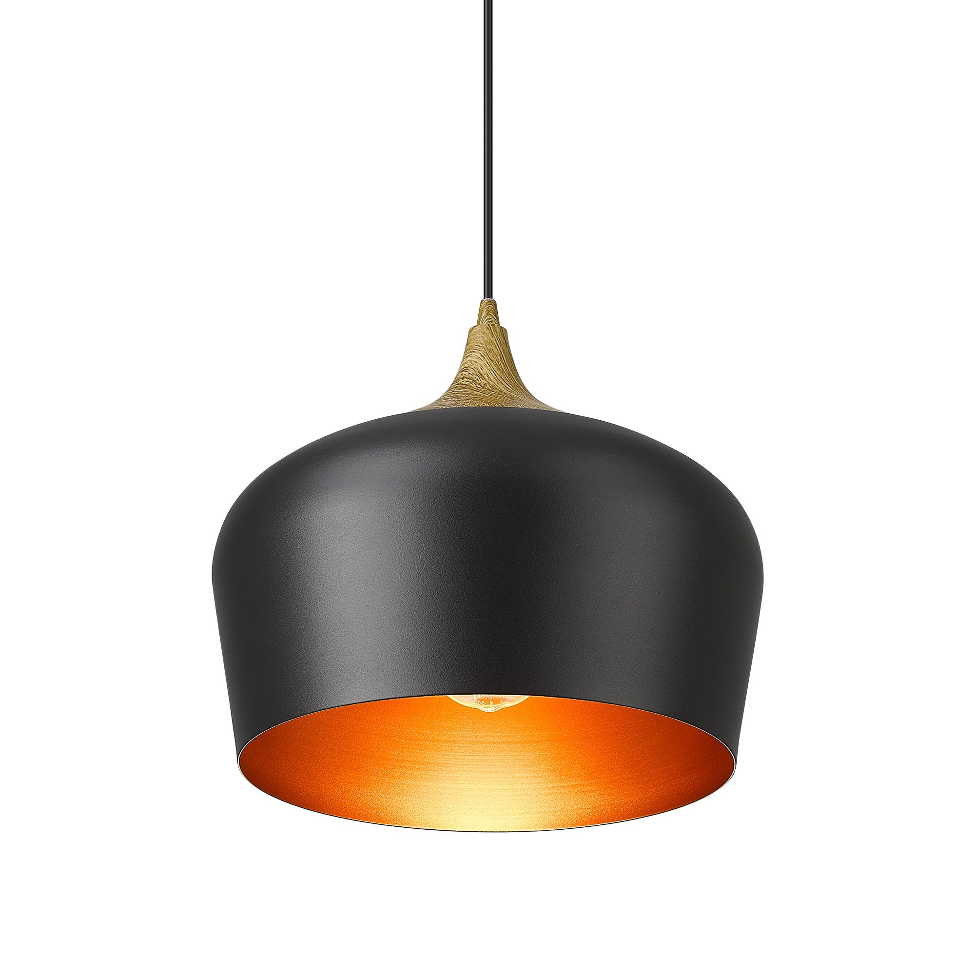 Matte Black Metal - 11.4'' Black and Wooden Grain Pendant Lights - USAG00194