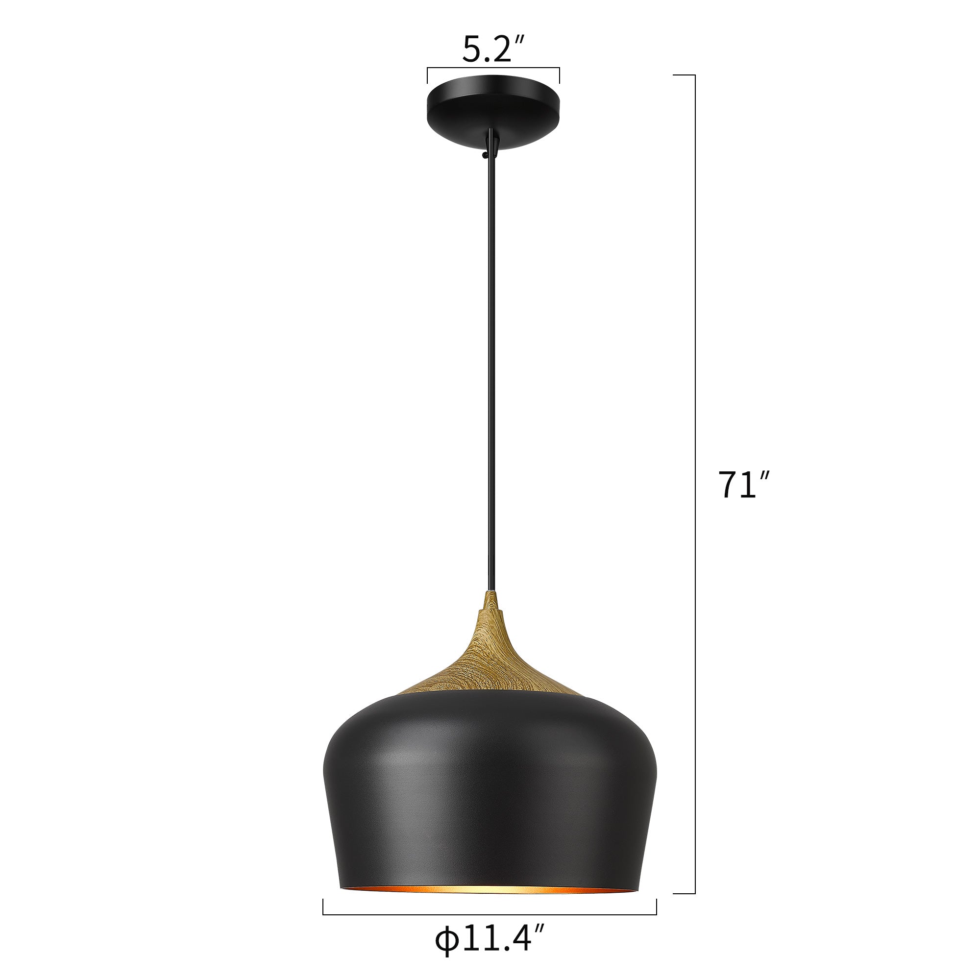 Matte Black Metal - 11.4'' Black and Wooden Grain Pendant Lights - USAG00194