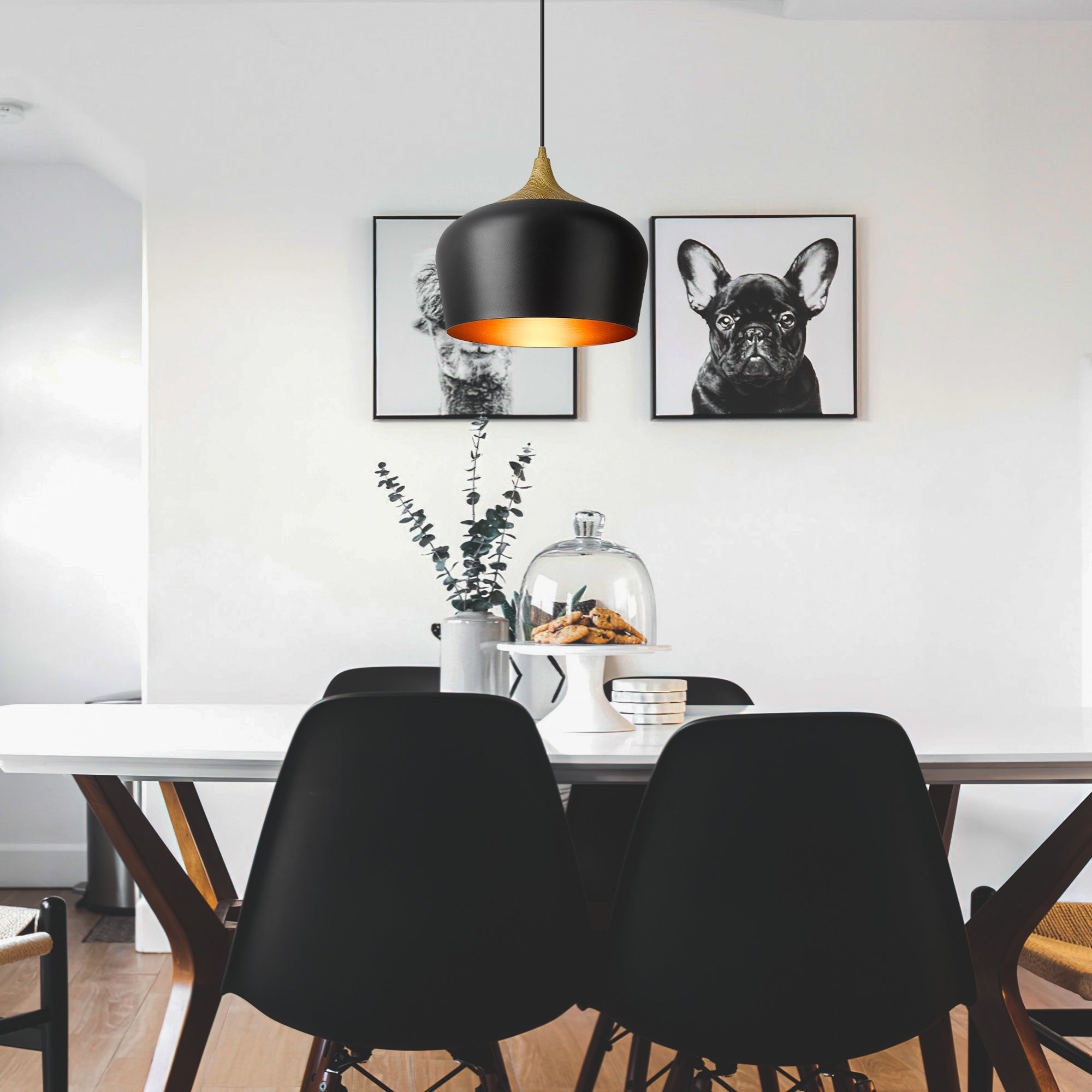 Matte Black Metal - 11.4'' Black and Wooden Grain Pendant Lights - USAG00194