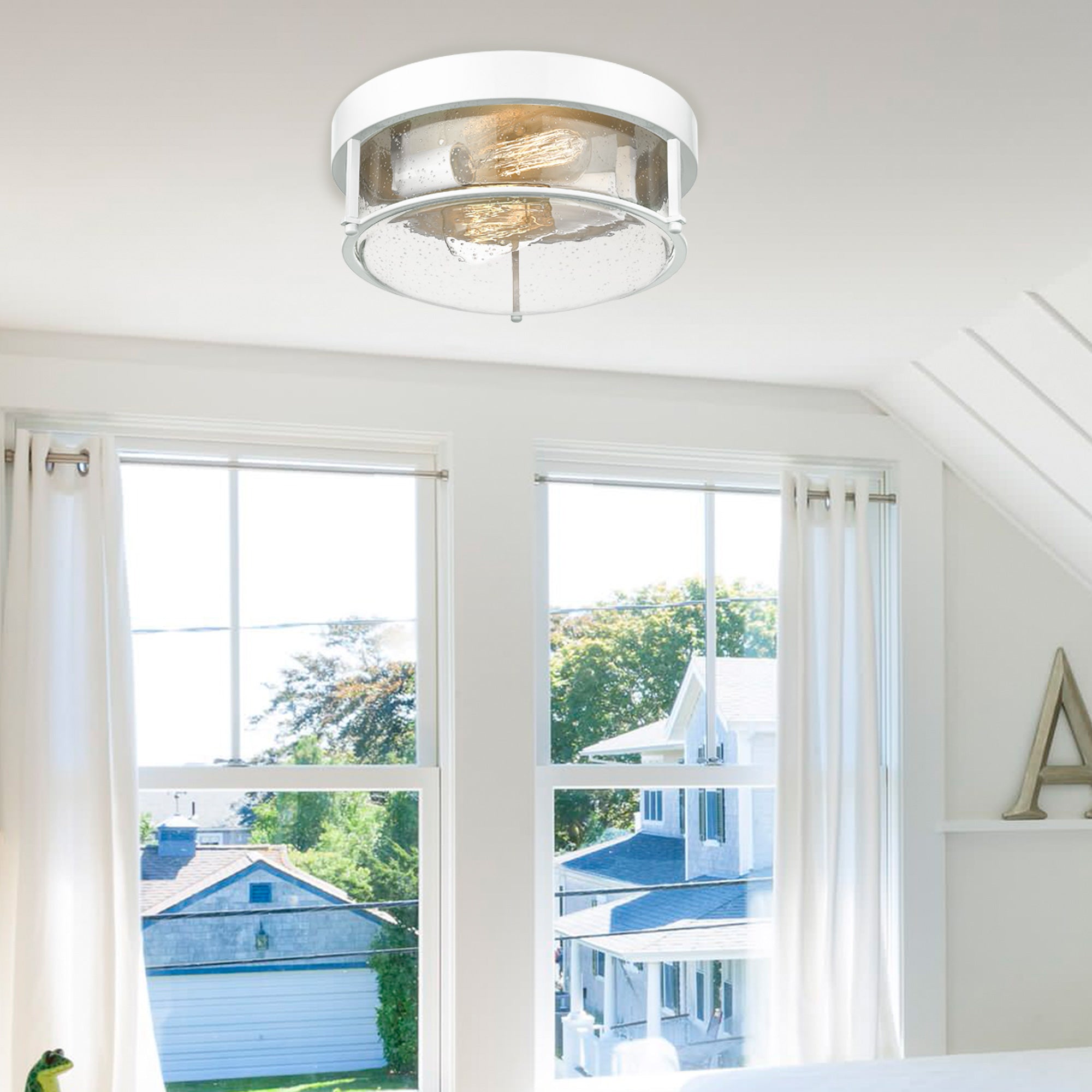 White Finish Flush Mount Light with Seeded Glass -12 Inch 2-Light Ceiling Light Fixture  - USAG00199