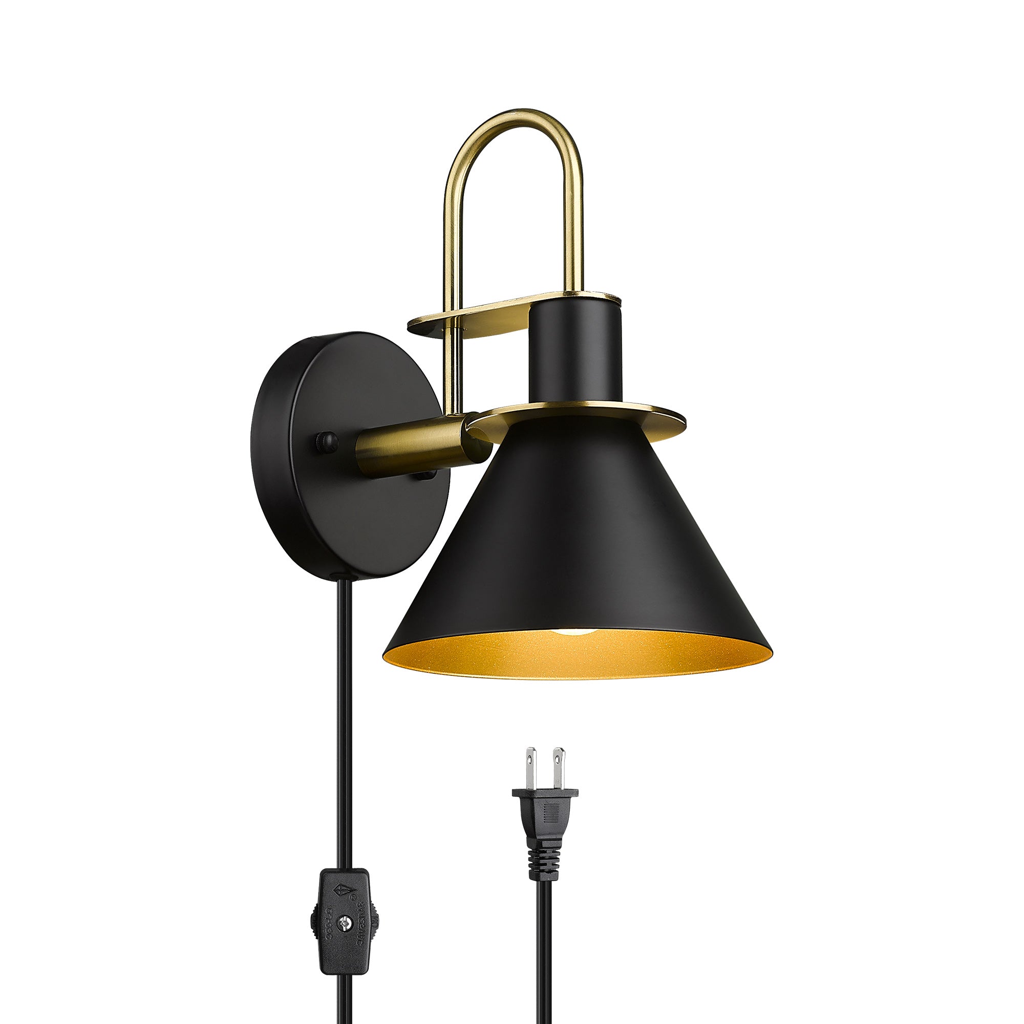 2 Packs Black and Gold Finish Industrial Wall Mounted - 7 inch Plug in Wall Lamp Wall Sconce with Cord - USAG00202