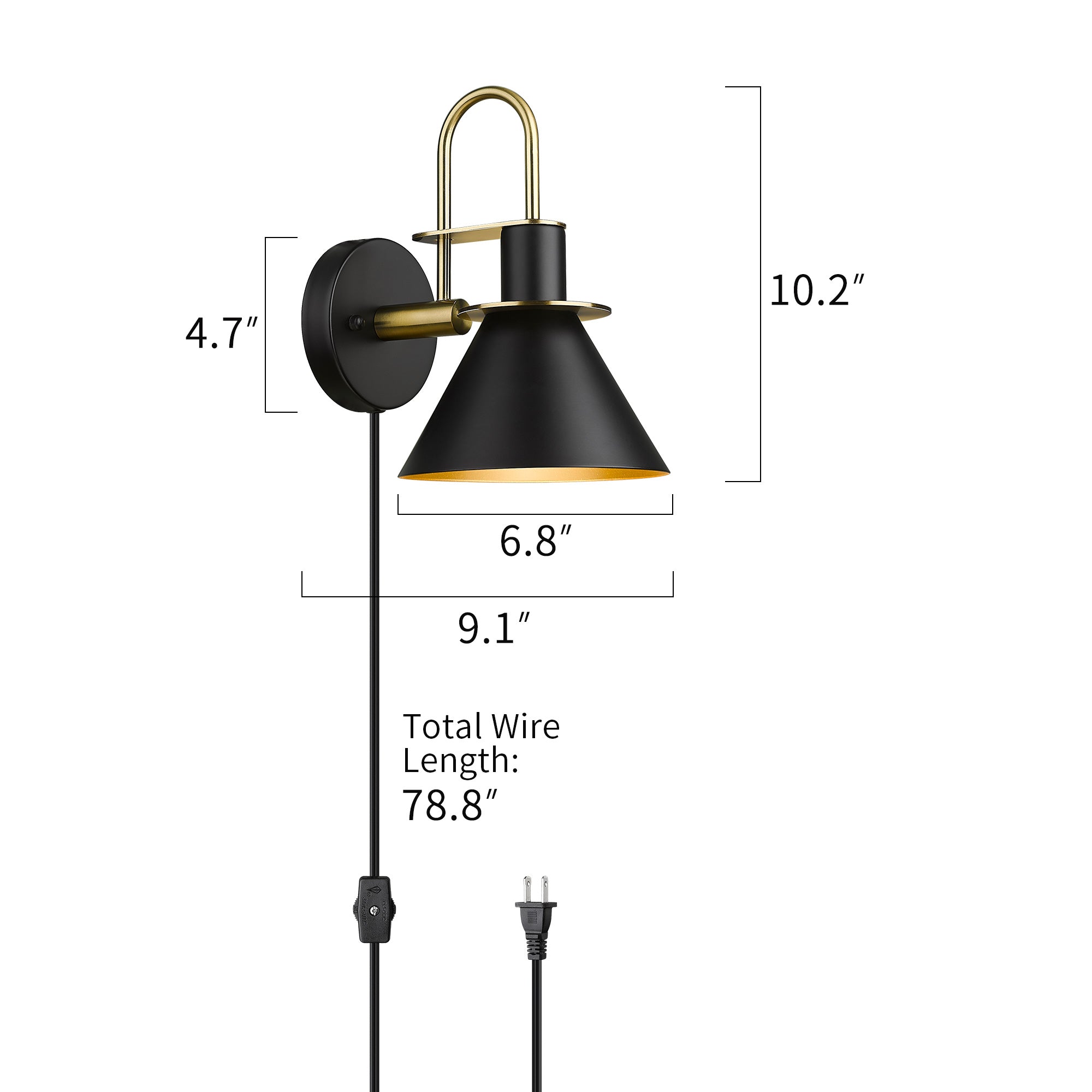 2 Packs Black and Gold Finish Industrial Wall Mounted - 7 inch Plug in Wall Lamp Wall Sconce with Cord - USAG00202