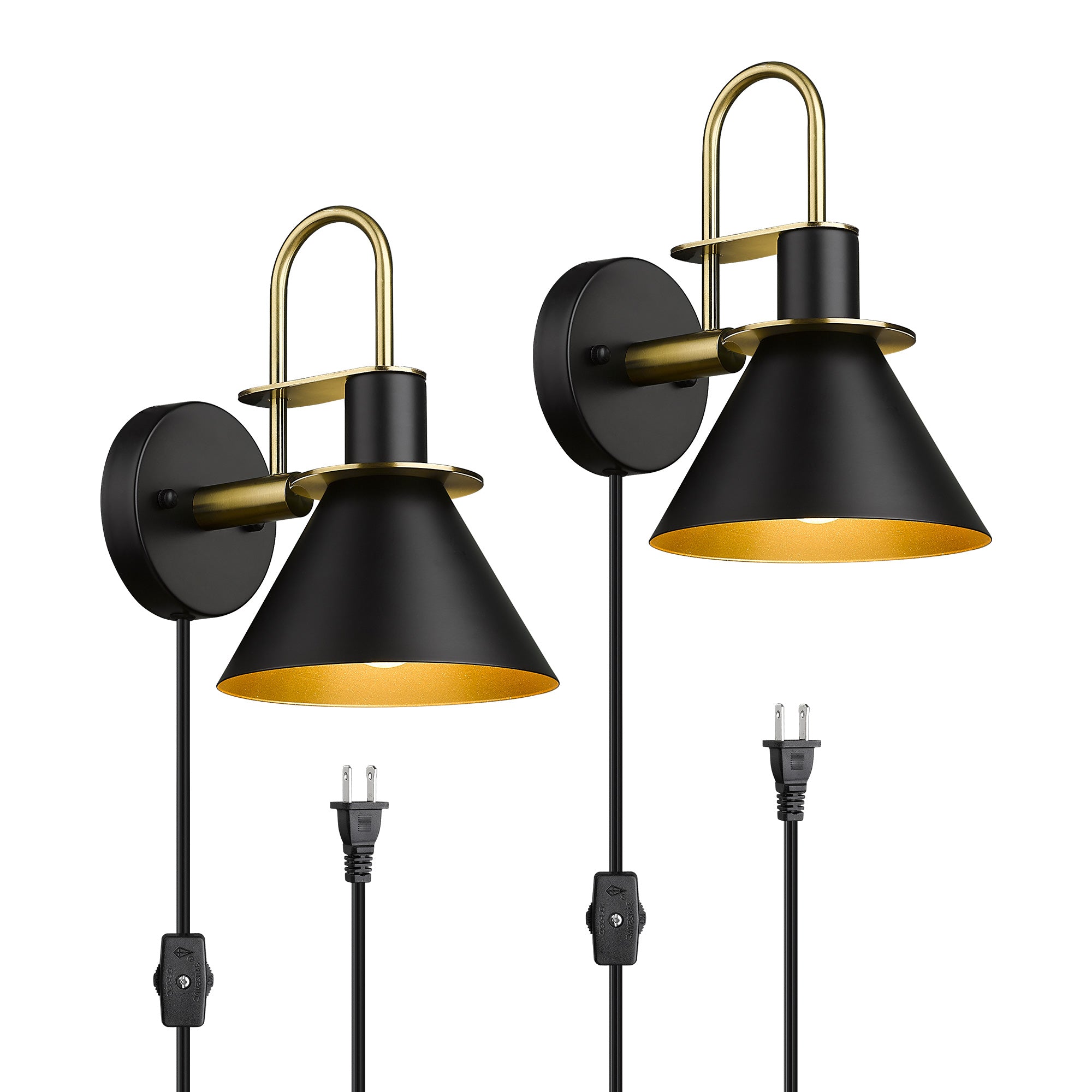 2 Packs Black and Gold Finish Industrial Wall Mounted - 7 inch Plug in Wall Lamp Wall Sconce with Cord - USAG00202