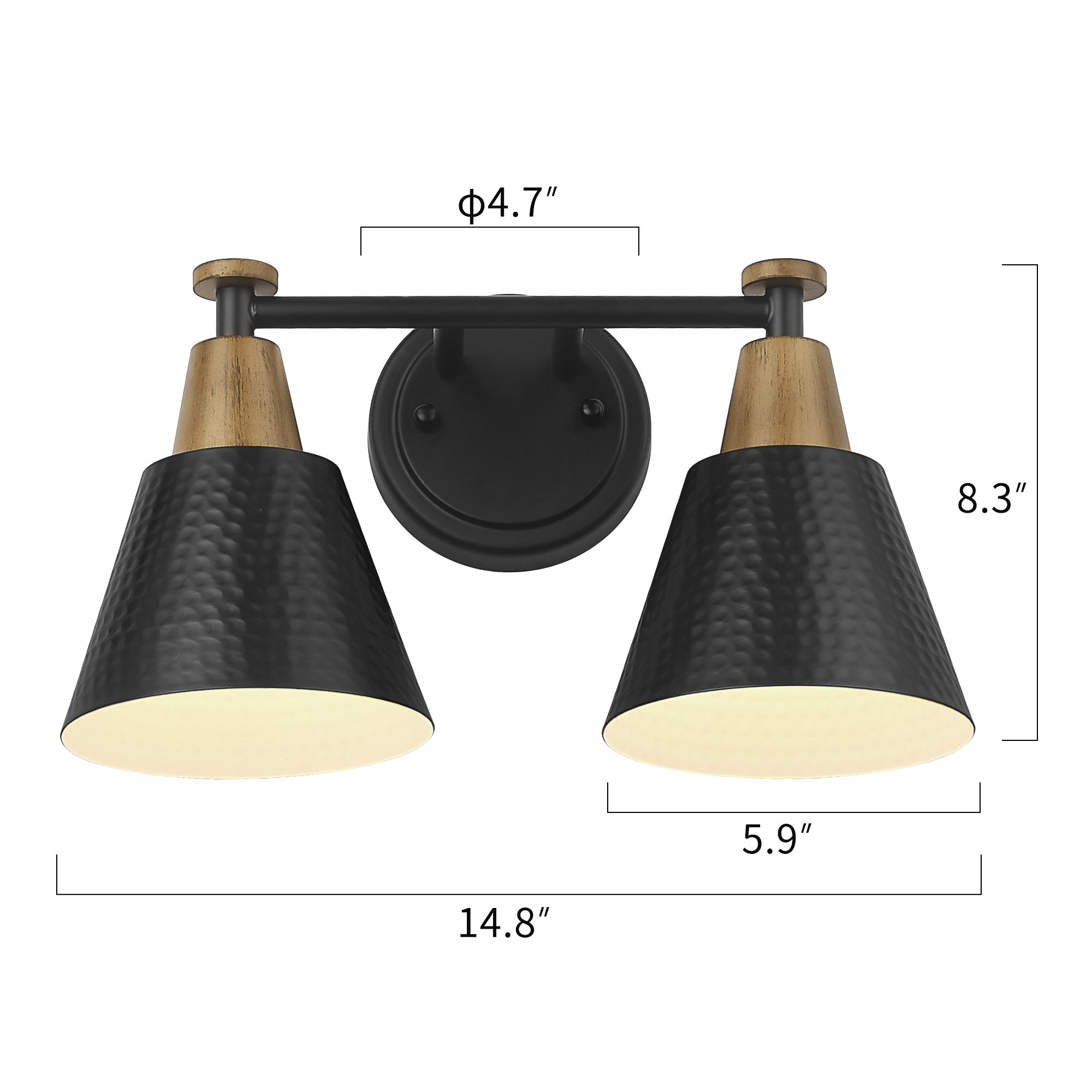 Black Finish with Wood Grain Shade - 14.8 inch 2-Light Wall Sconces Vanity Light - USAG00212