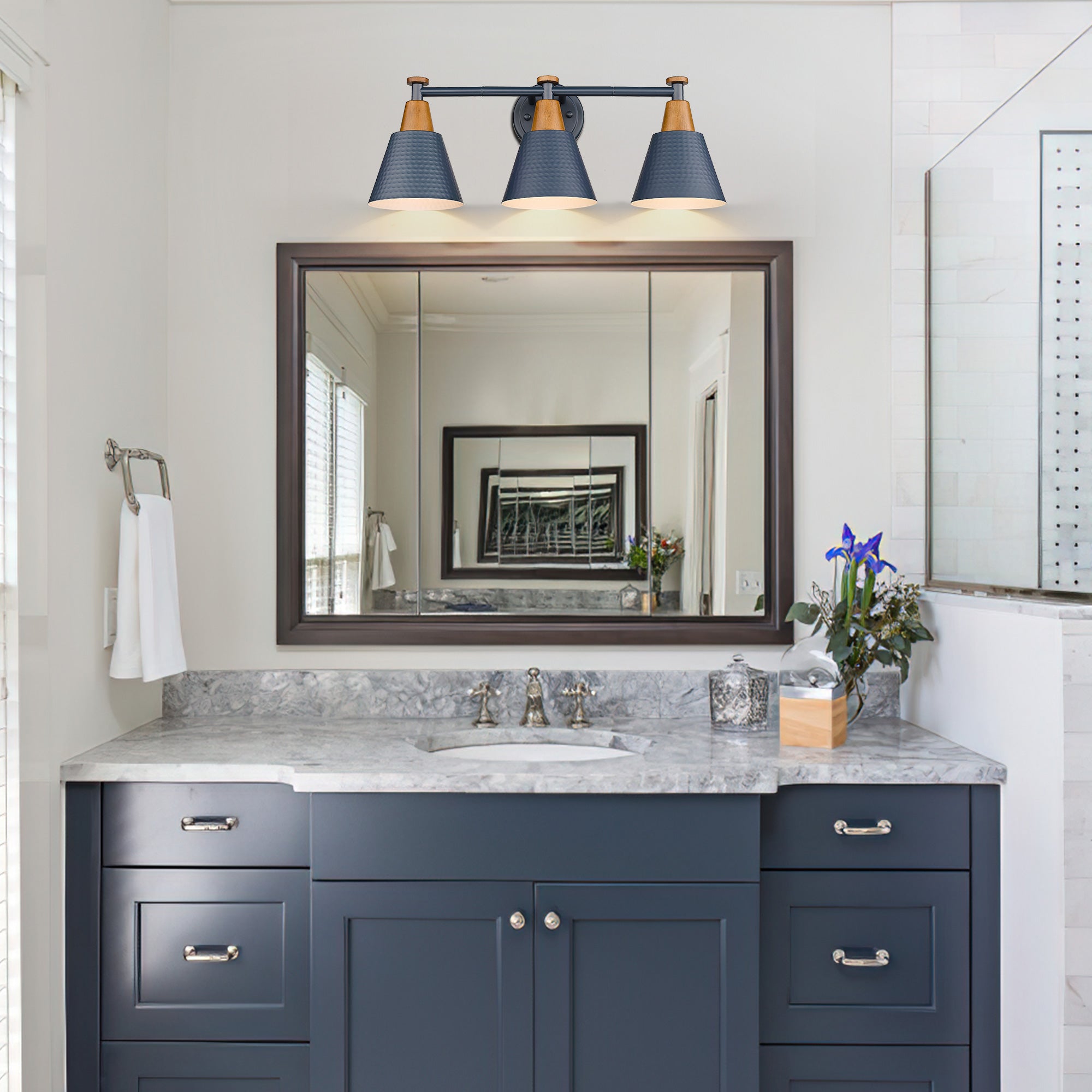 Blue & Wood Grain Finish with Hammered Metal Shade - 21.6 inch 3-Light Wall Sconces Vanity Light - USAG00222