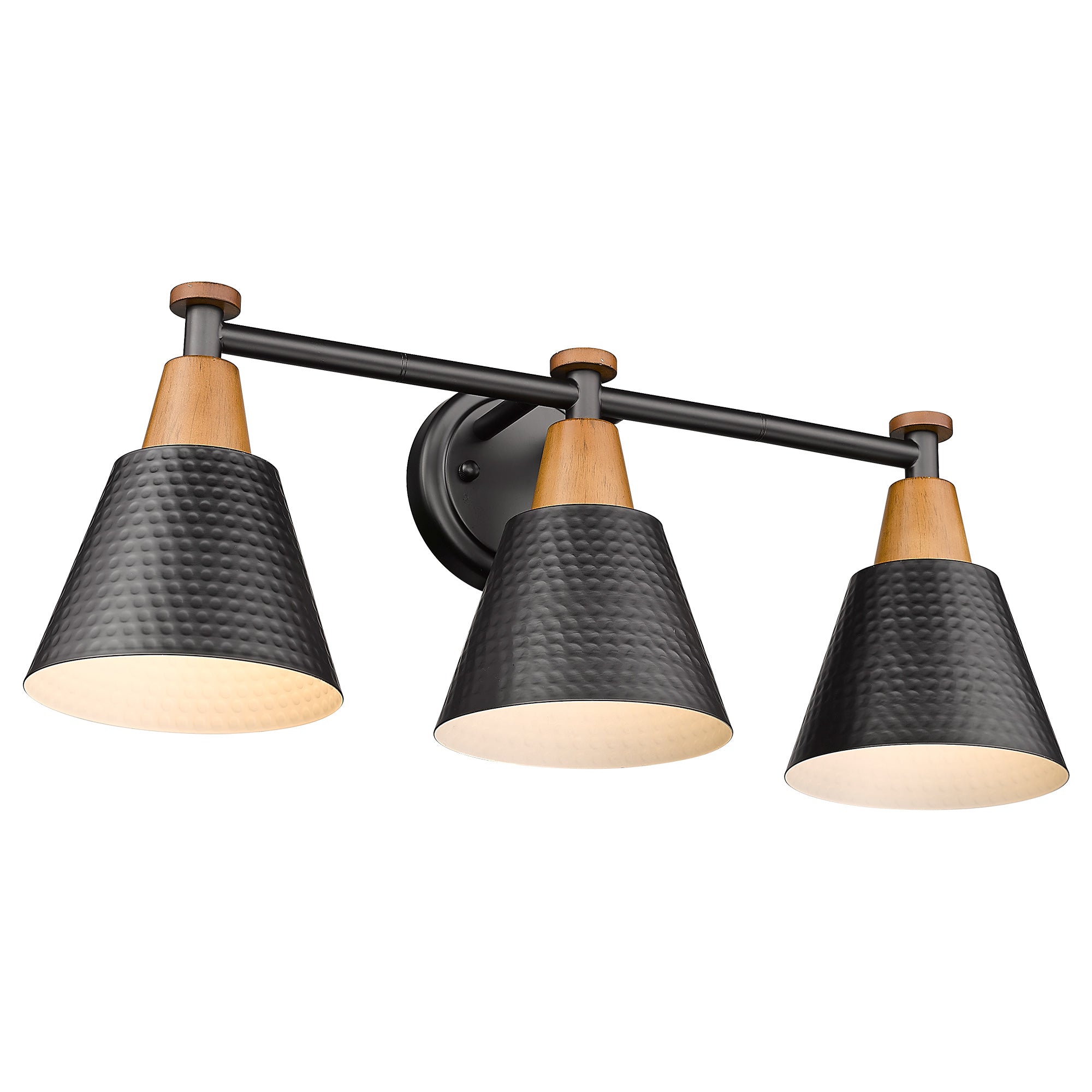 Matte Black & Wood Grain Finish with Hammered Metal Shade - 21.6 inch 3-Light Wall Sconces Vanity Light - USAG00223