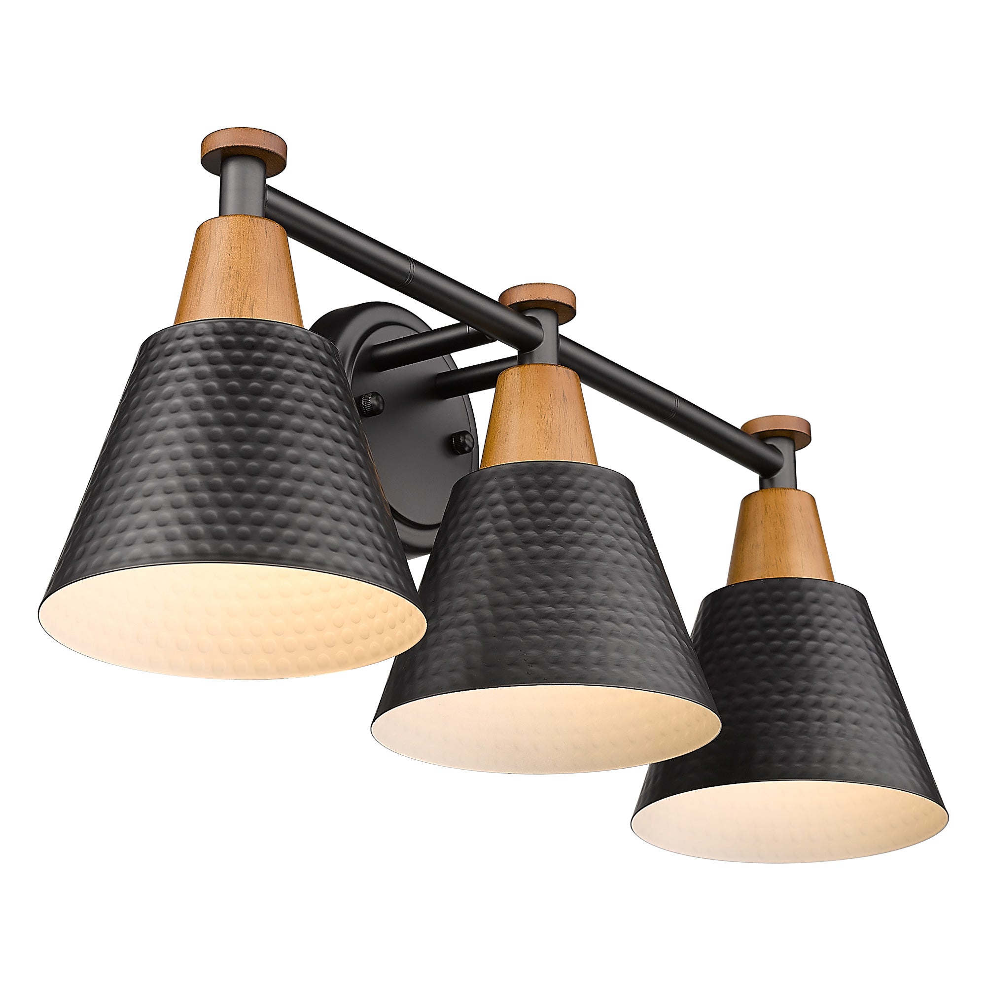 Matte Black & Wood Grain Finish with Hammered Metal Shade - 21.6 inch 3-Light Wall Sconces Vanity Light - USAG00223