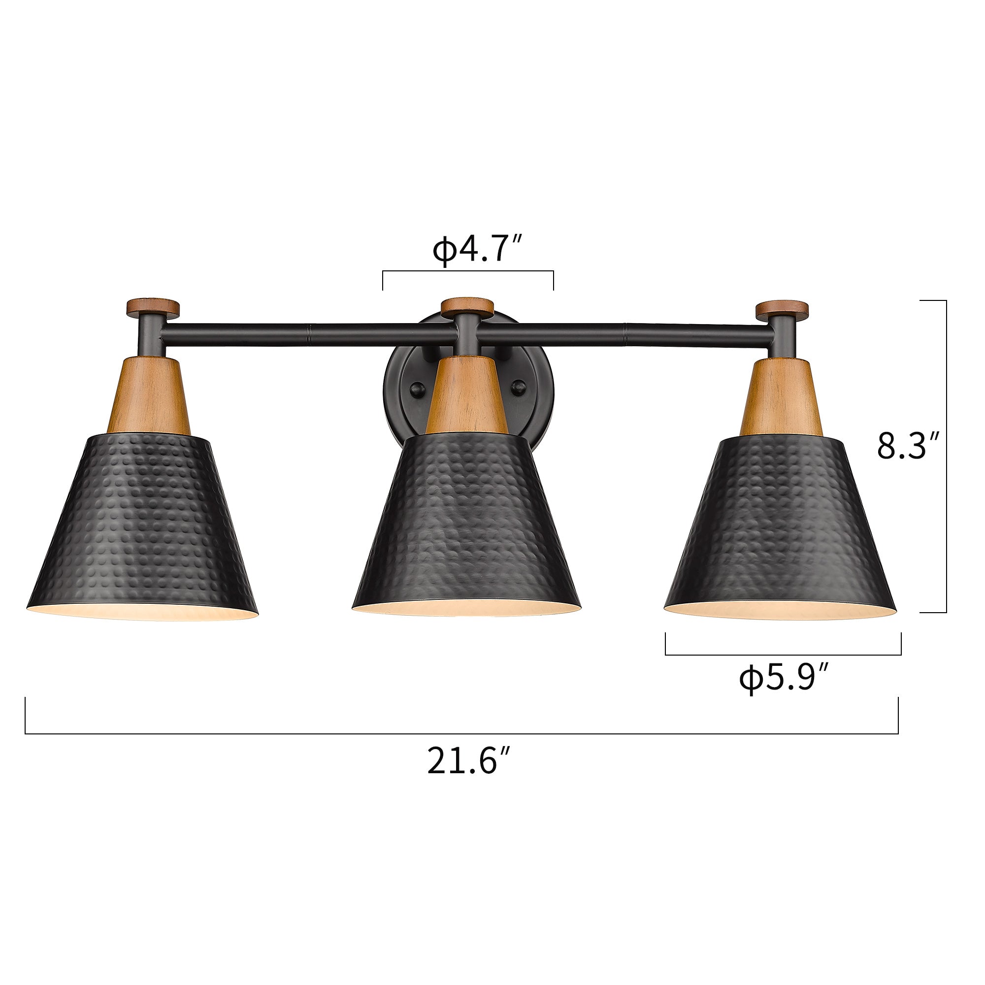 Matte Black & Wood Grain Finish with Hammered Metal Shade - 21.6 inch 3-Light Wall Sconces Vanity Light - USAG00223