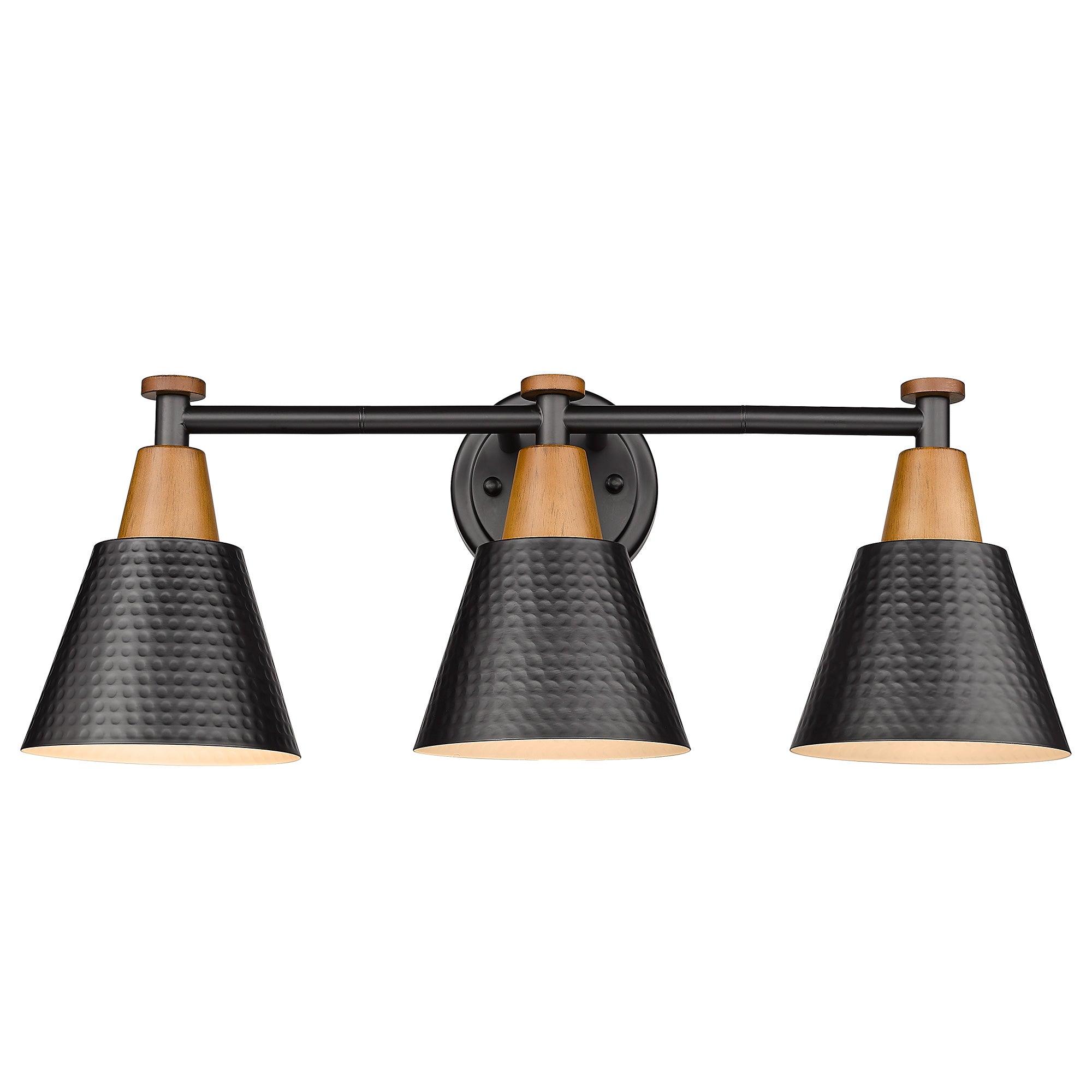 Matte Black & Wood Grain Finish with Hammered Metal Shade - 21.6 inch 3-Light Wall Sconces Vanity Light - USAG00223