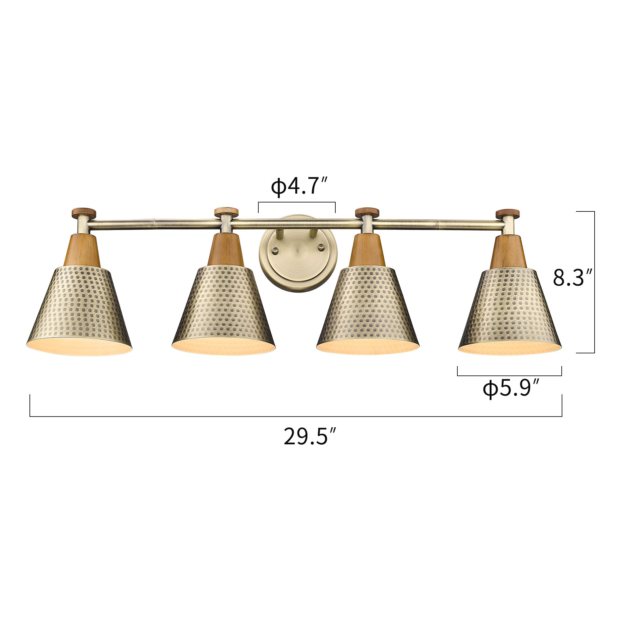 Brass Gold & Wood Grain with Hammered Metal Shade - 29.5 inch 4-Light Wall Sconces Vanity Light - USAG00225