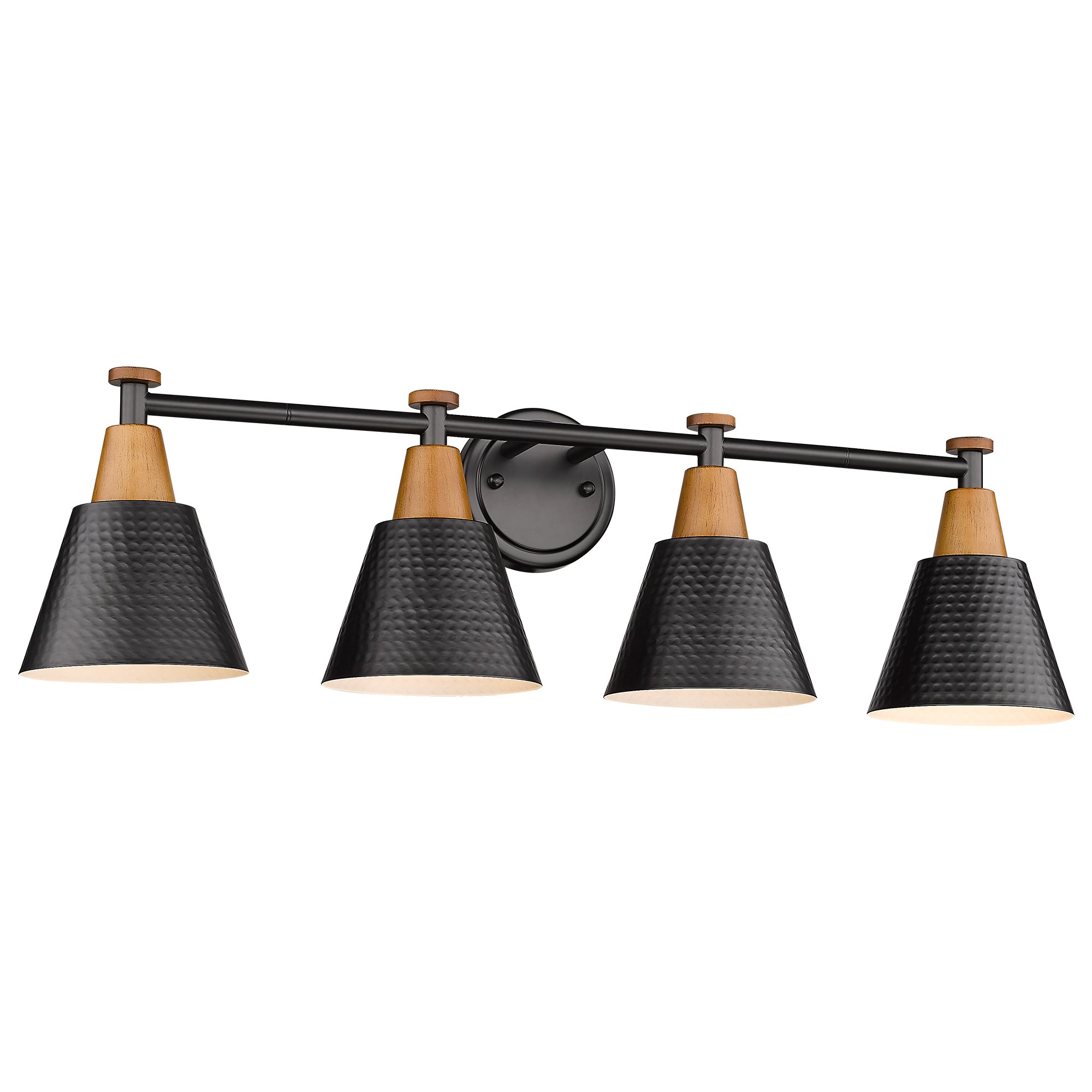 Matte Black & Wood Grain with Hammered Metal Shade - 29.5 inch 4-Light Wall Sconces Vanity Light - USAG00226