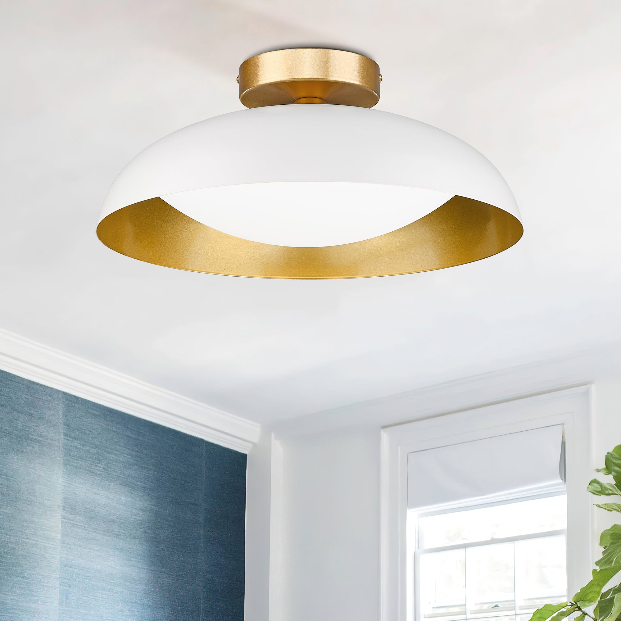 Semi Flush Mount White & Gold Finish Metal - 15 inch LED 12W/1200lm 3000K/4000K/5000K Adjustable Ceiling Light - USAG00228