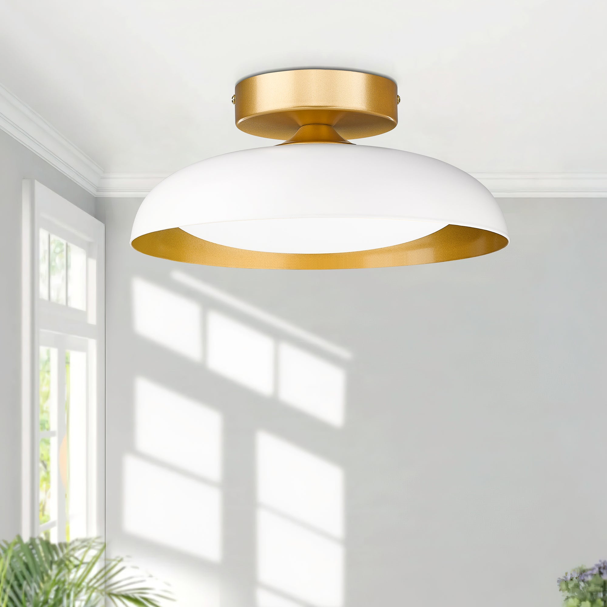 Semi Flush Mount White & Gold Finish Metal - 12 inch LED 12W/1200lm 3000K/4000K/5000K Adjustable Ceiling Light - USAG00229