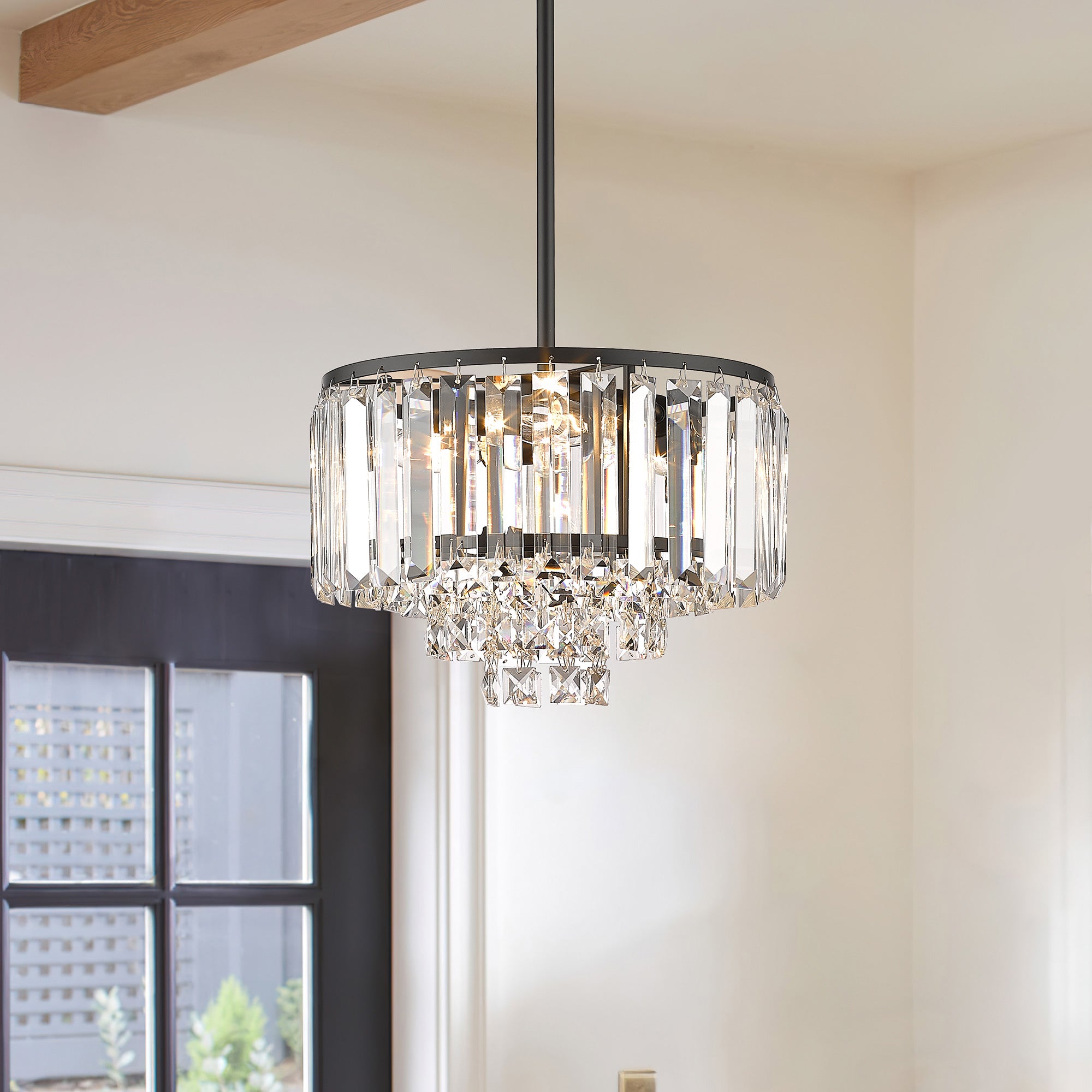 Crystal Chandelier with Matte Black Finish - 9 inch 4-Tier Modern Pendant Light - USAG00232