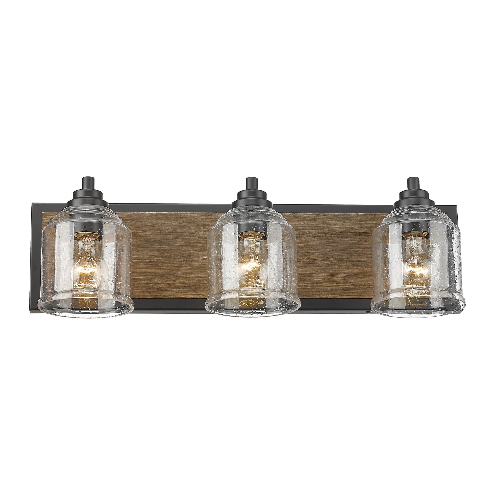 Matte Black & Dark Wood Grain Vanity Light with Seeded Glass Shades - 23 inch 3-Light Bathroom Vanity Light Fixtures - USAG00235